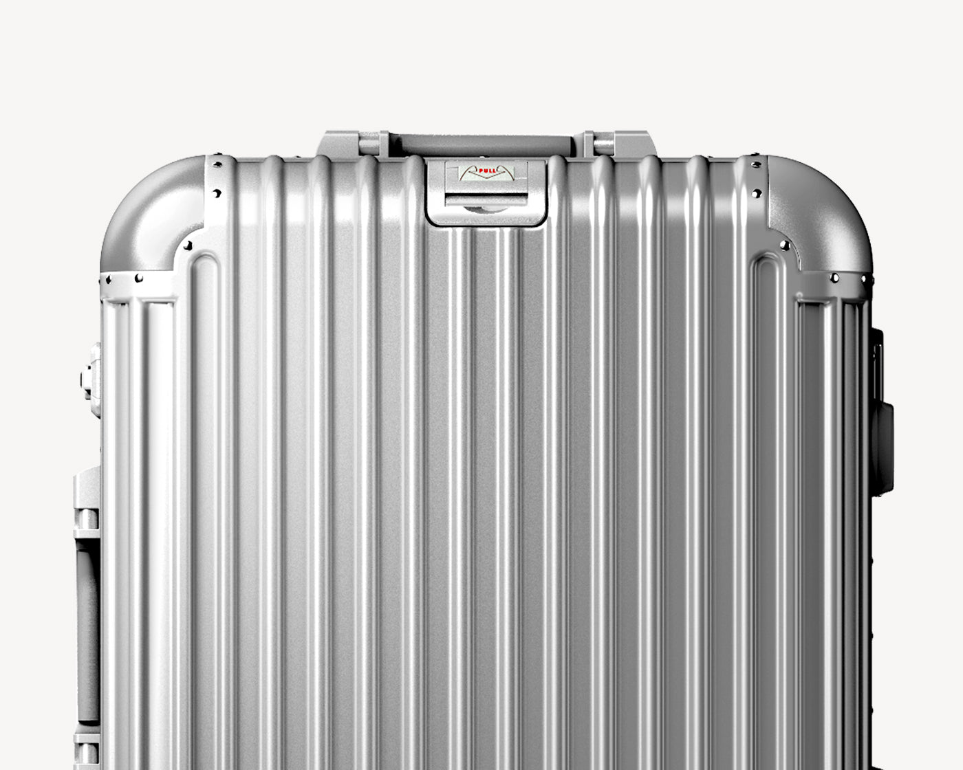 Top view of a metallic silver luggage  with a sturdy ribbed design and a central branded logo latch for secure closure.