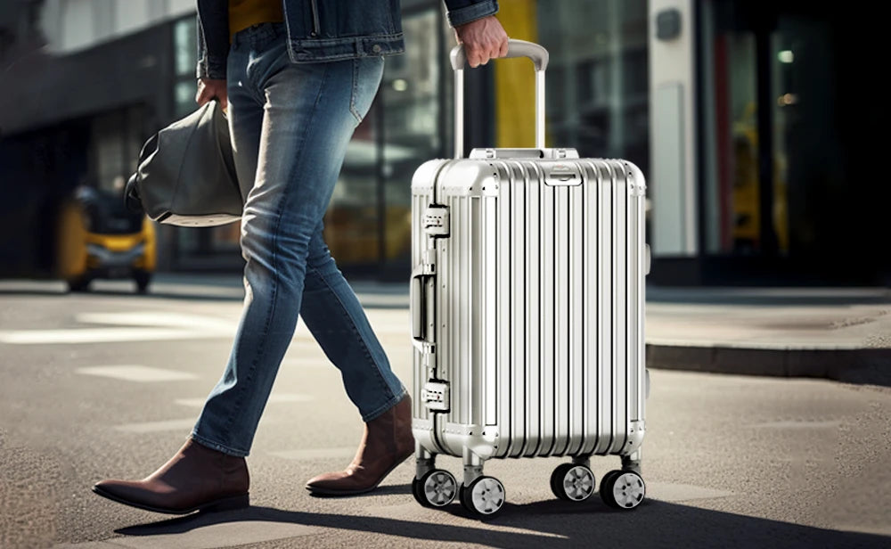 A person is depicted from the waist down, walking on a city street, holding a large silver suitcase handle with one hand and carrying a gray bag in the other. They wear blue jeans, a brown belt, and brown ankle boots. The name 'Chelsea' is superimposed on the image, possibly indicating a brand or product line associated with the luggage.