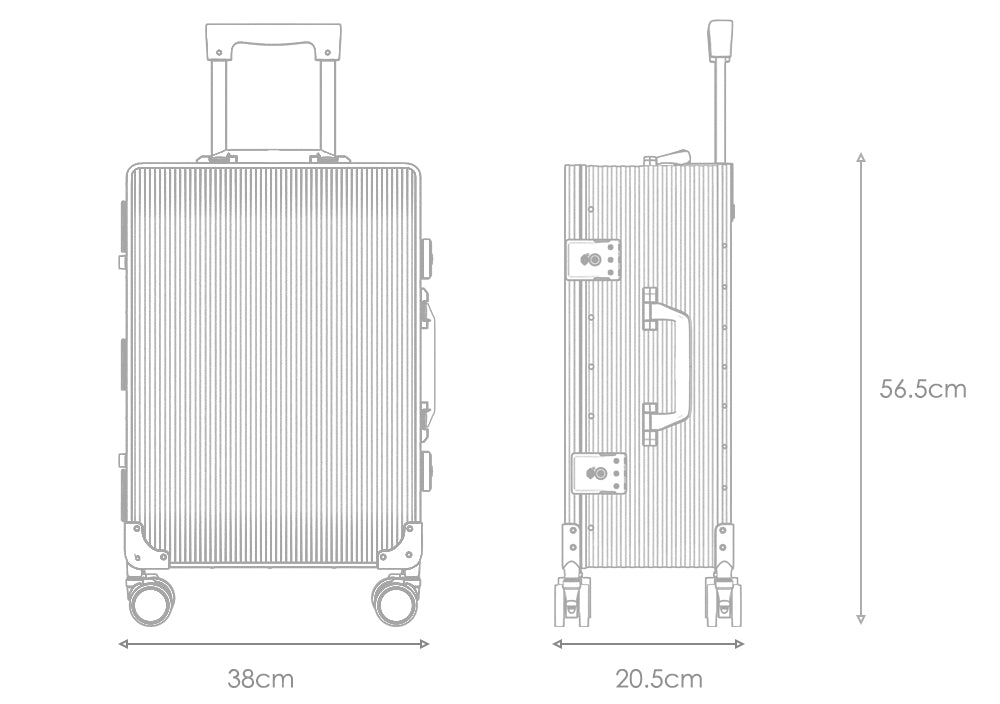 Technical drawing of a luggage with dimensions provided. The left image shows the suitcase from the front, with a handle at the top, and is 38cm wide. The right image shows the suitcase from the side with the handle extended, and is 20.5cm deep and 56.5cm tall, including the wheels. The design features are outlined in a detailed and schematic manner, with a ribbed texture on all surfaces. The illustrations are in a light grey tone against a white background.