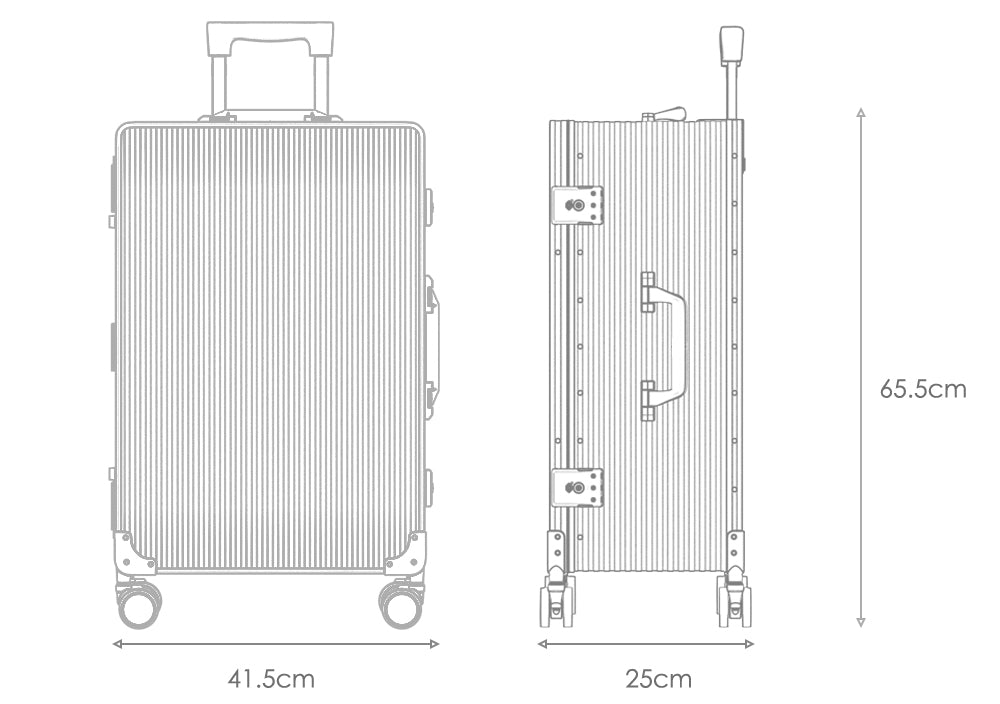 Technical line drawing of a ribbed luggage presented in two views. On the left, the luggage is viewed from the front, showing a retractable handle and measuring 41.5cm in width. On the right, a side view with the handle extended upwards indicates a depth of 25cm and a total height of 65.5cm from the bottom wheels to the top of the extended handle. The drawings are detailed, showcasing the hardware features like wheels, handles, and locking mechanisms, rendered in a light grey outline on a white background.
