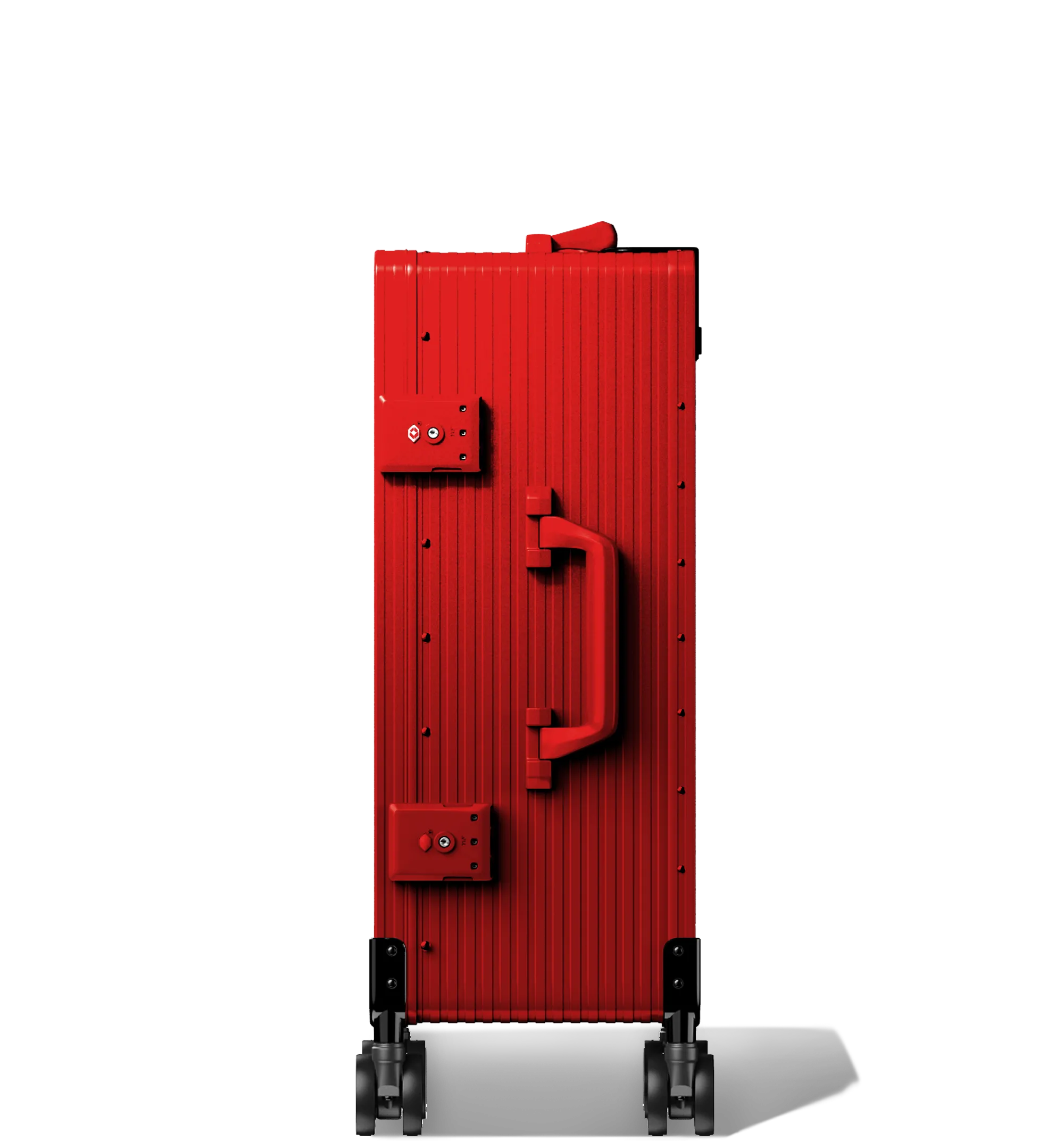 A red Cabin In 56/20 hard-shell aluminium Luggage standing upright with ribbed texture, side and top carry handles, two TSA-approved combination locks, and four spinning wheels, against a white background.