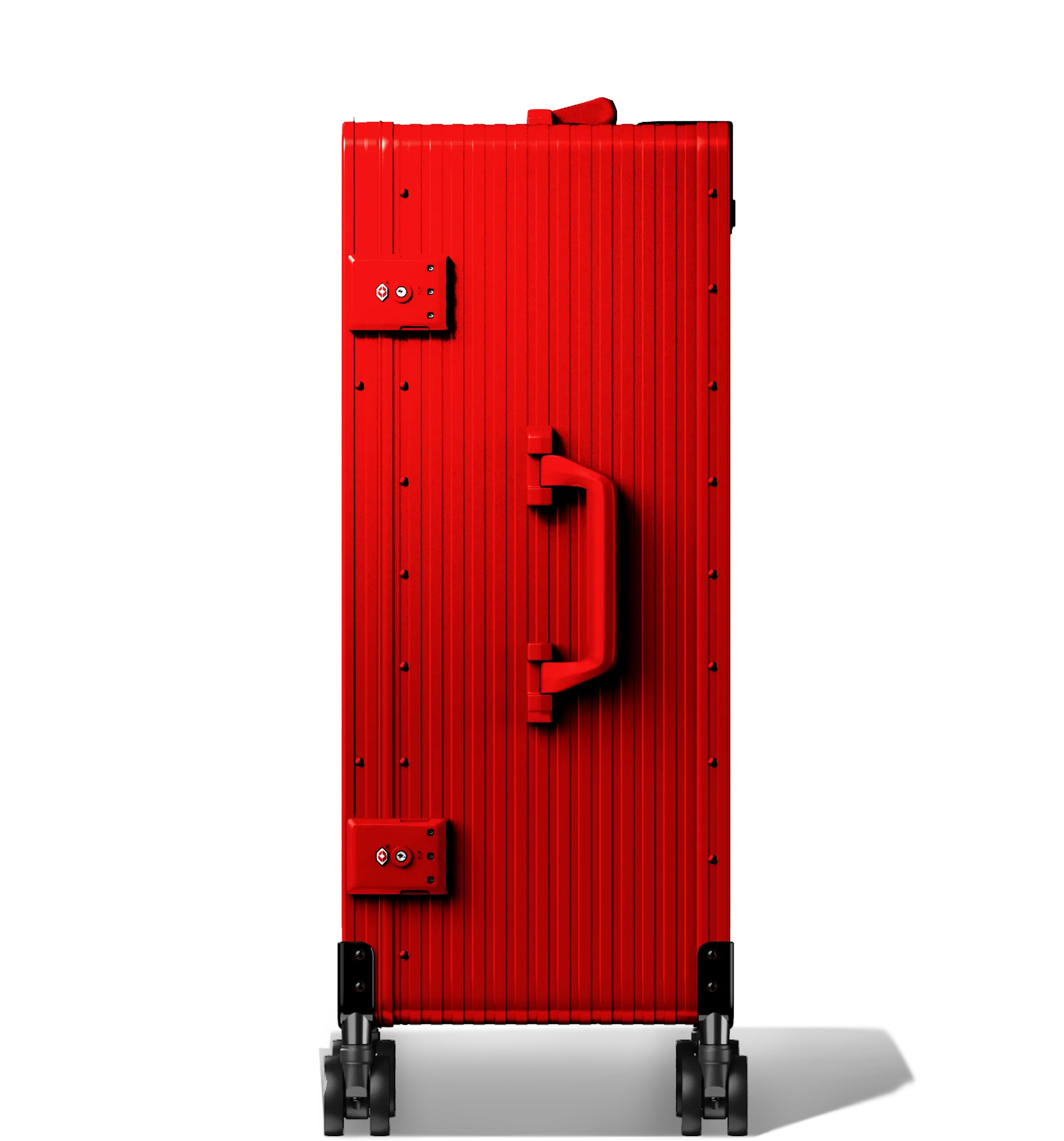 A Red Check-In 65/25 hard-shell aluminium Luggage standing upright with ribbed texture, side and top carry handles, two TSA-approved combination locks, and four spinning wheels, against a white background.