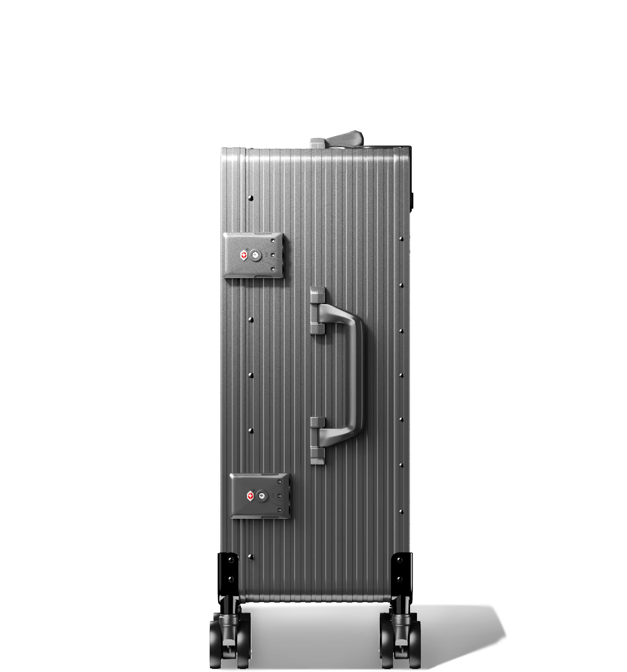 A Gun Metal Cabin In 56/20 hard-shell aluminium Luggage standing upright with ribbed texture, side and top carry handles, two TSA-approved combination locks, and four spinning wheels, against a white background.