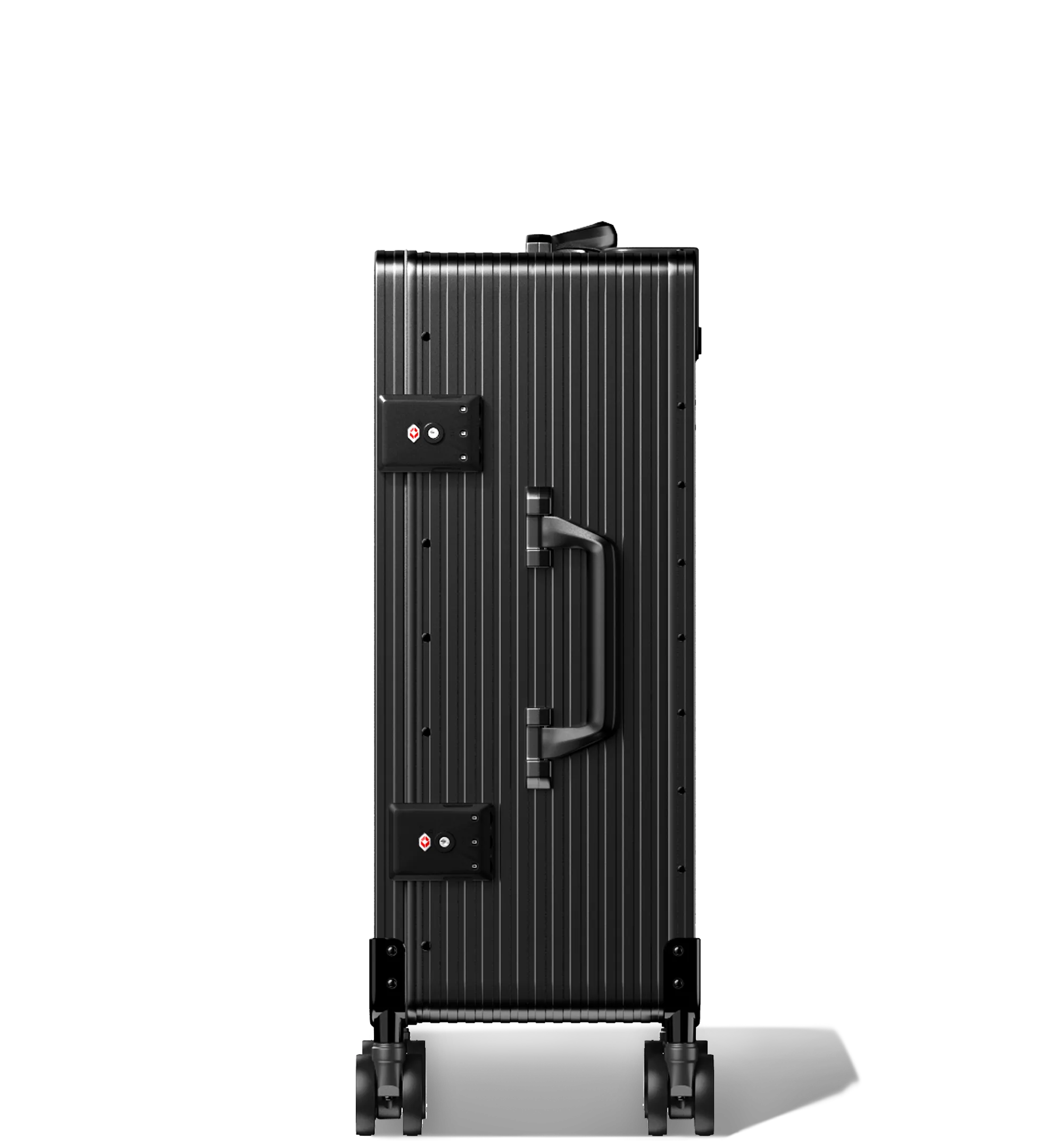 A black Cabin In 56/20 hard-shell aluminium Luggage standing upright with ribbed texture, side and top carry handles, two TSA-approved combination locks, and four spinning wheels, against a white background.