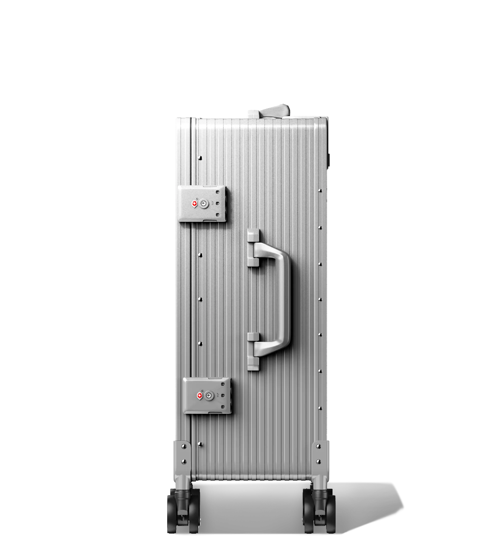 A silver Cabin In 56/20 hard-shell aluminium Luggage standing upright with ribbed texture, side and top carry handles, two TSA-approved combination locks, and four spinning wheels, against a white background.