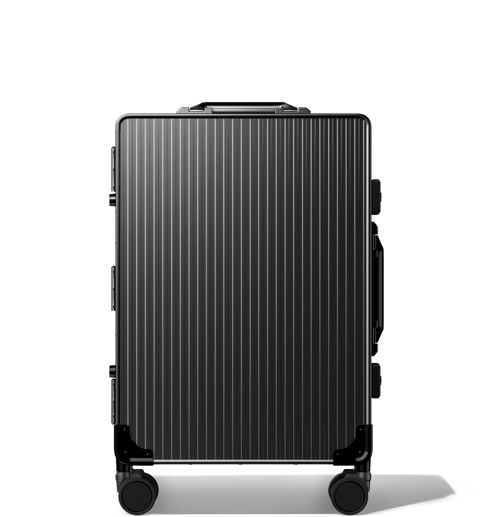 A vertical image of a Cabin in 56/20 luggage , upright, black hard-shell aluminium Luggage with a grooved surface design and multi-directional wheels, shown against a white background.