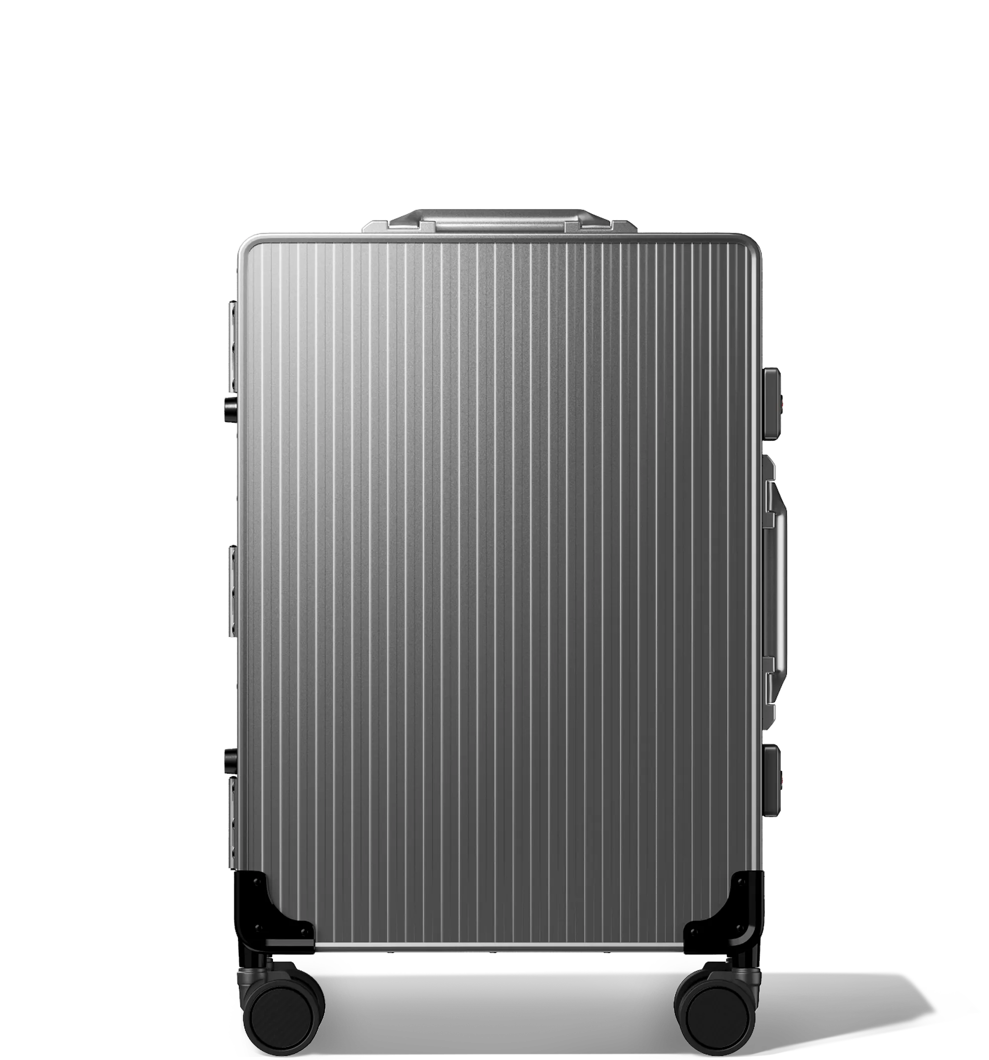A vertical image of a Cabin in 56/20 luggage , upright, Gun Metal hard-shell aluminium Luggage with a grooved surface design and multi-directional wheels, shown against a white background.