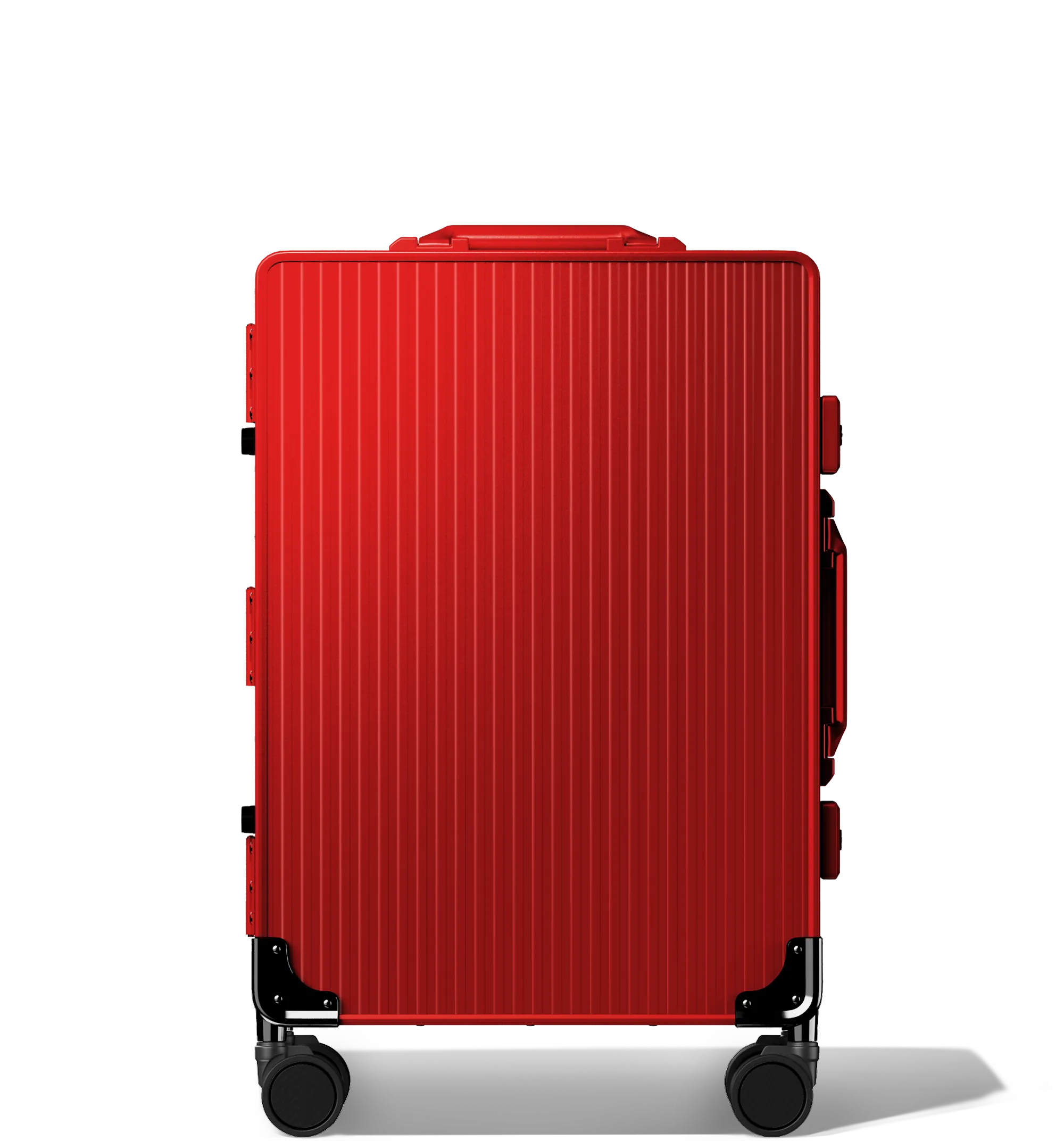 A vertical image of a Cabin in 56/20 luggage , upright, red hard-shell aluminium Luggage with a grooved surface design and multi-directional wheels, shown against a white background.