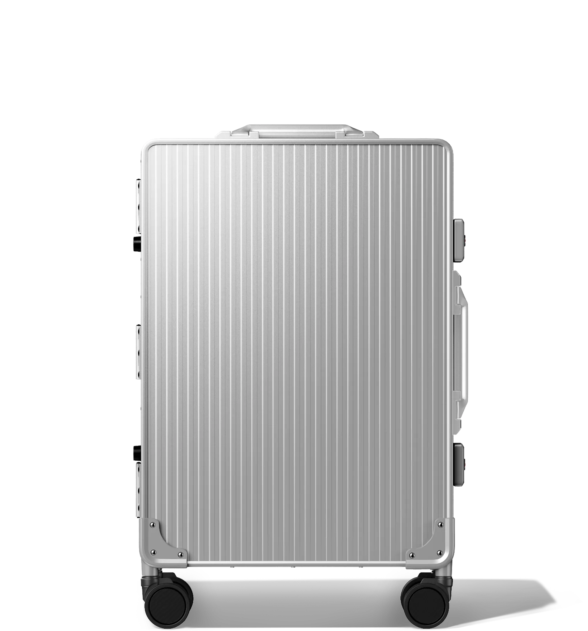 A vertical image of a Cabin in 56/20 luggage , upright, Silver hard-shell aluminium Luggage with a grooved surface design and multi-directional wheels, shown against a white background.