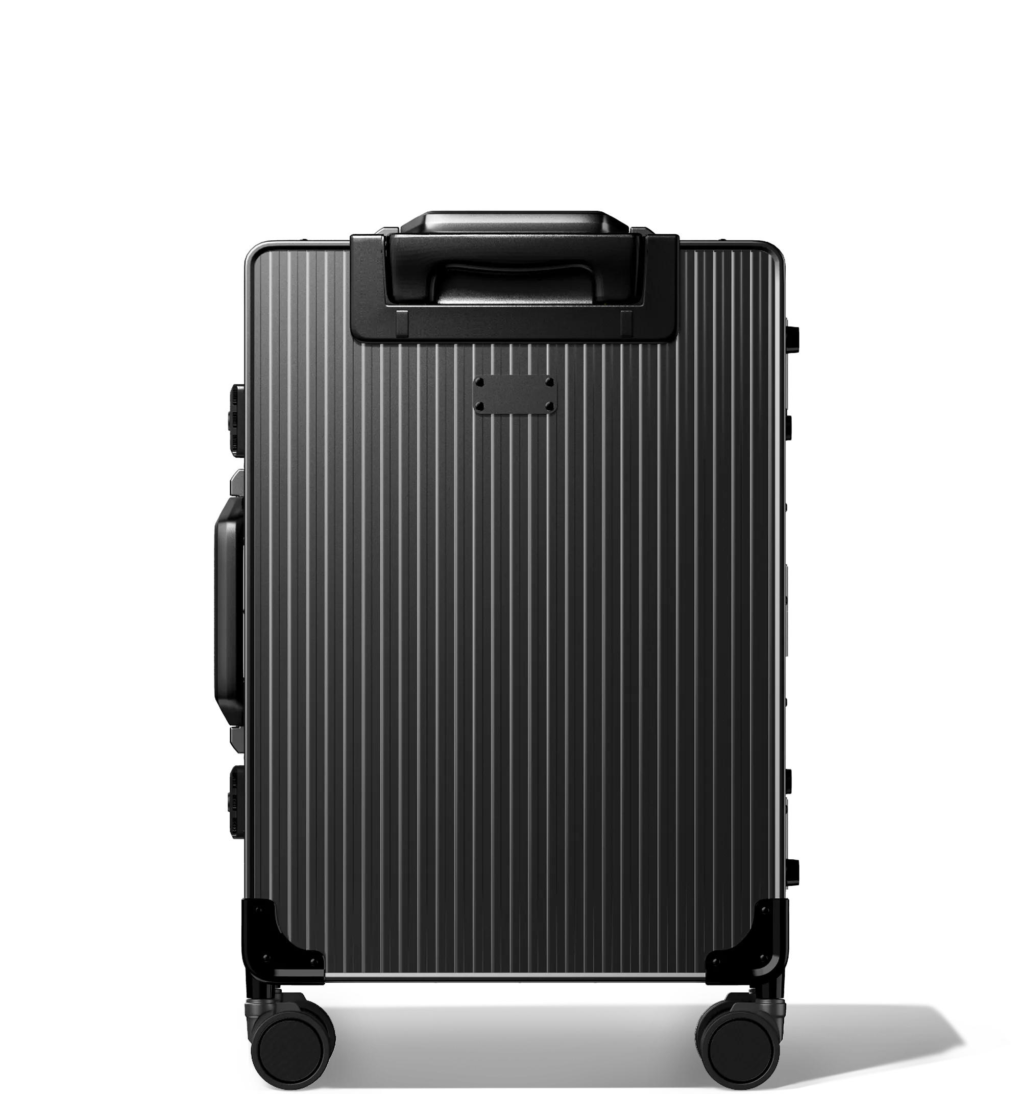 Frontal view of a black Cabin in 56/20 , vertical hard-shell aluminium Luggage with ribbed texture, featuring a top handle, side latches, and four multi-directional spinner wheels, against a white background.