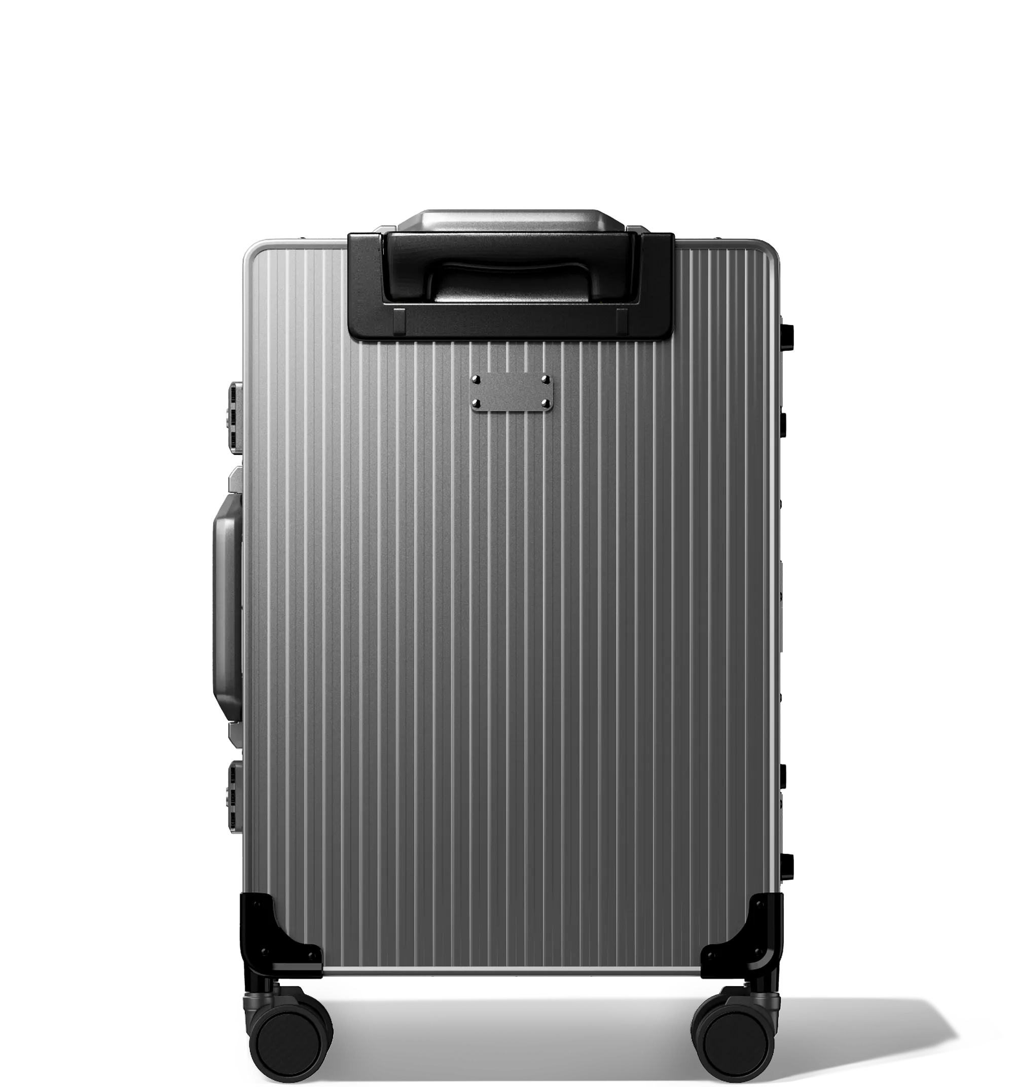 Frontal view of a Gun Metal Cabin in 56/20 , vertical hard-shell aluminium Luggage with ribbed texture, featuring a top handle, side latches, and four multi-directional spinner wheels, against a white background.