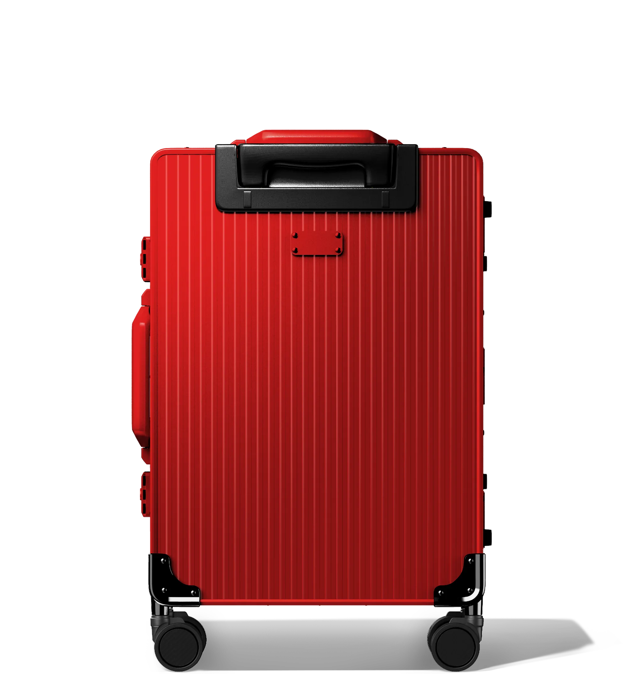 Frontal view of a red Cabin in 56/20 , vertical hard-shell aluminium Luggage with ribbed texture, featuring a top handle, side latches, and four multi-directional spinner wheels, against a white background.