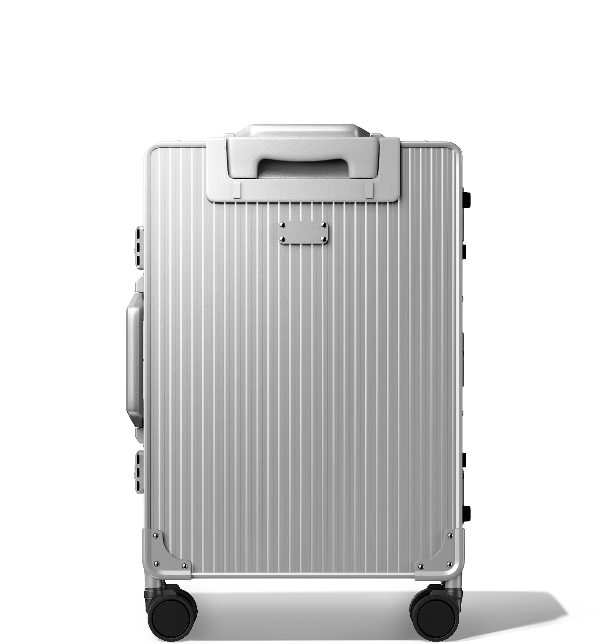 Frontal view of a Silver Cabin in 56/20 , vertical hard-shell aluminium Luggage with ribbed texture, featuring a top handle, side latches, and four multi-directional spinner wheels, against a white background.