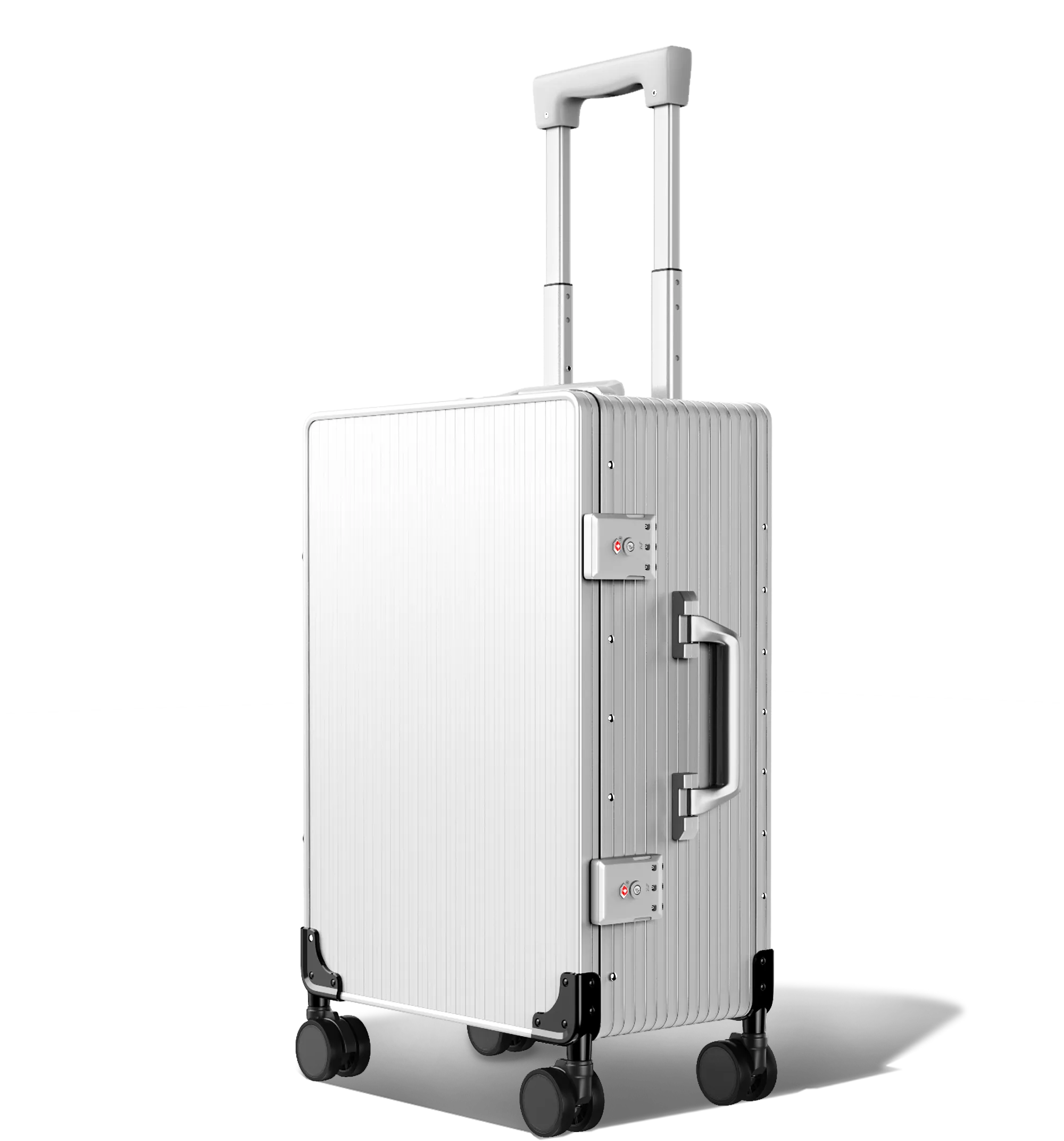 A three-quarter view of an upright Cabin in 56/20 Silver hard-shell aluminium Luggage with a textured surface, featuring an extended telescopic handle, a side handle, and four spinner wheels, set against a white background.