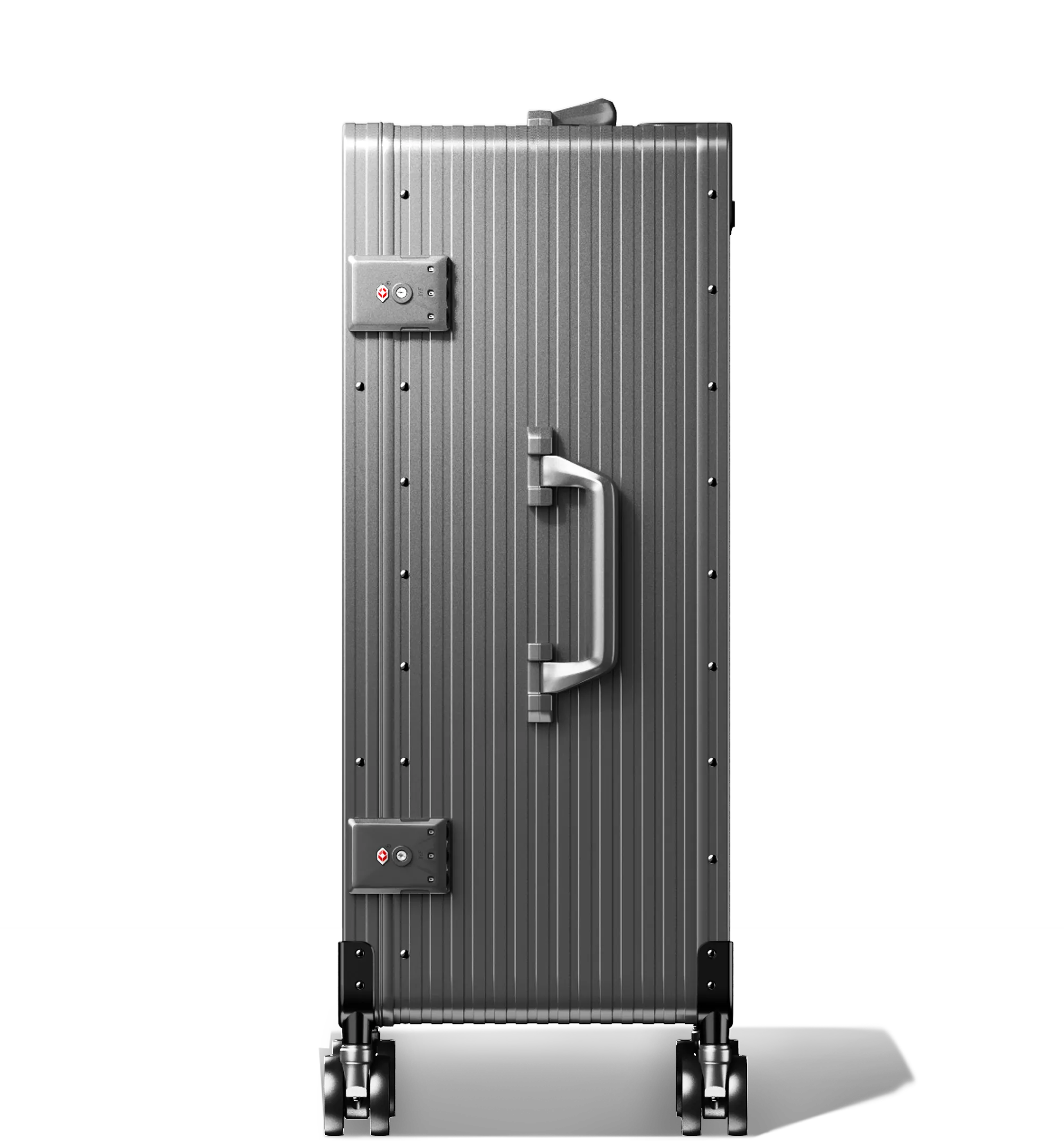 A Gun Metal Check-In 65/25 hard-shell aluminium Luggage standing upright with ribbed texture, side and top carry handles, two TSA-approved combination locks, and four spinning wheels, against a white background.