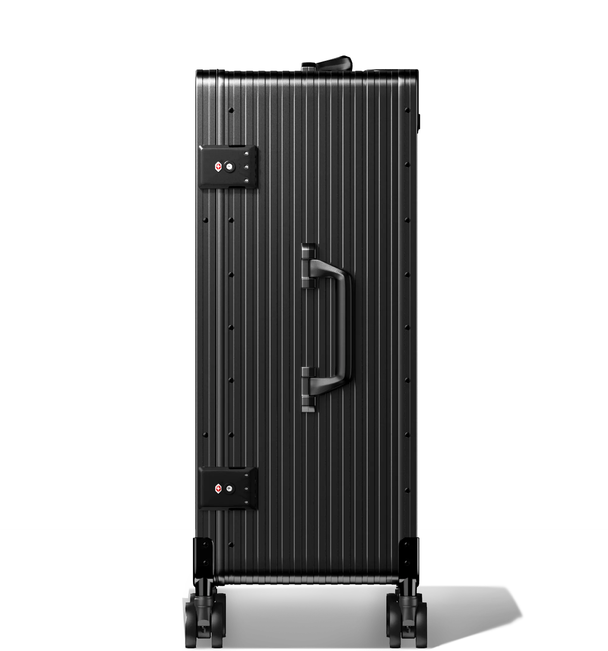 A black Check-In 65/25 hard-shell aluminium Luggage standing upright with ribbed texture, side and top carry handles, two TSA-approved combination locks, and four spinning wheels, against a white background.