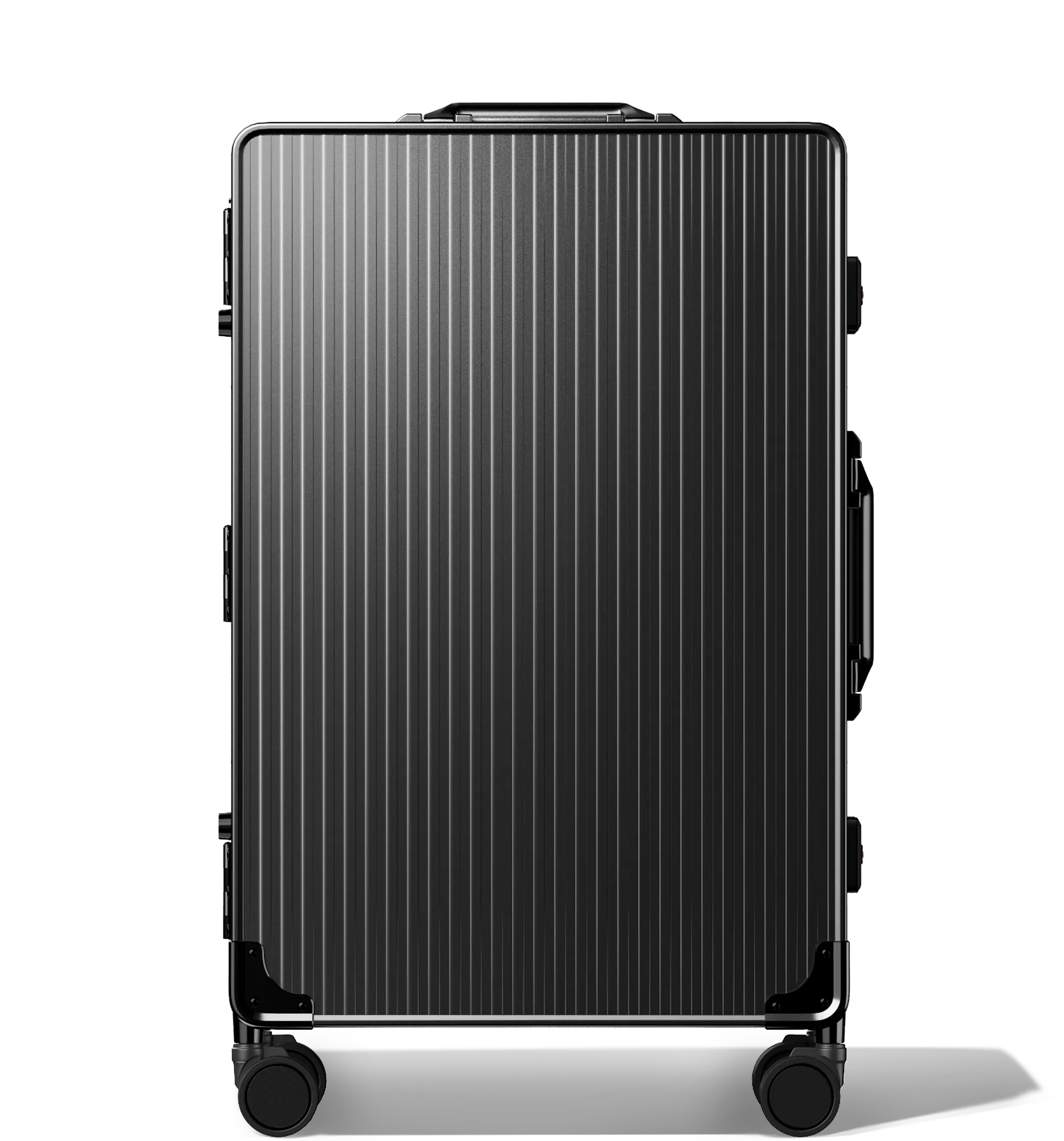A vertical image of a Check-In 65/25 luggage , upright, black hard-shell aluminium Luggage with a grooved surface design and multi-directional wheels, shown against a white background.