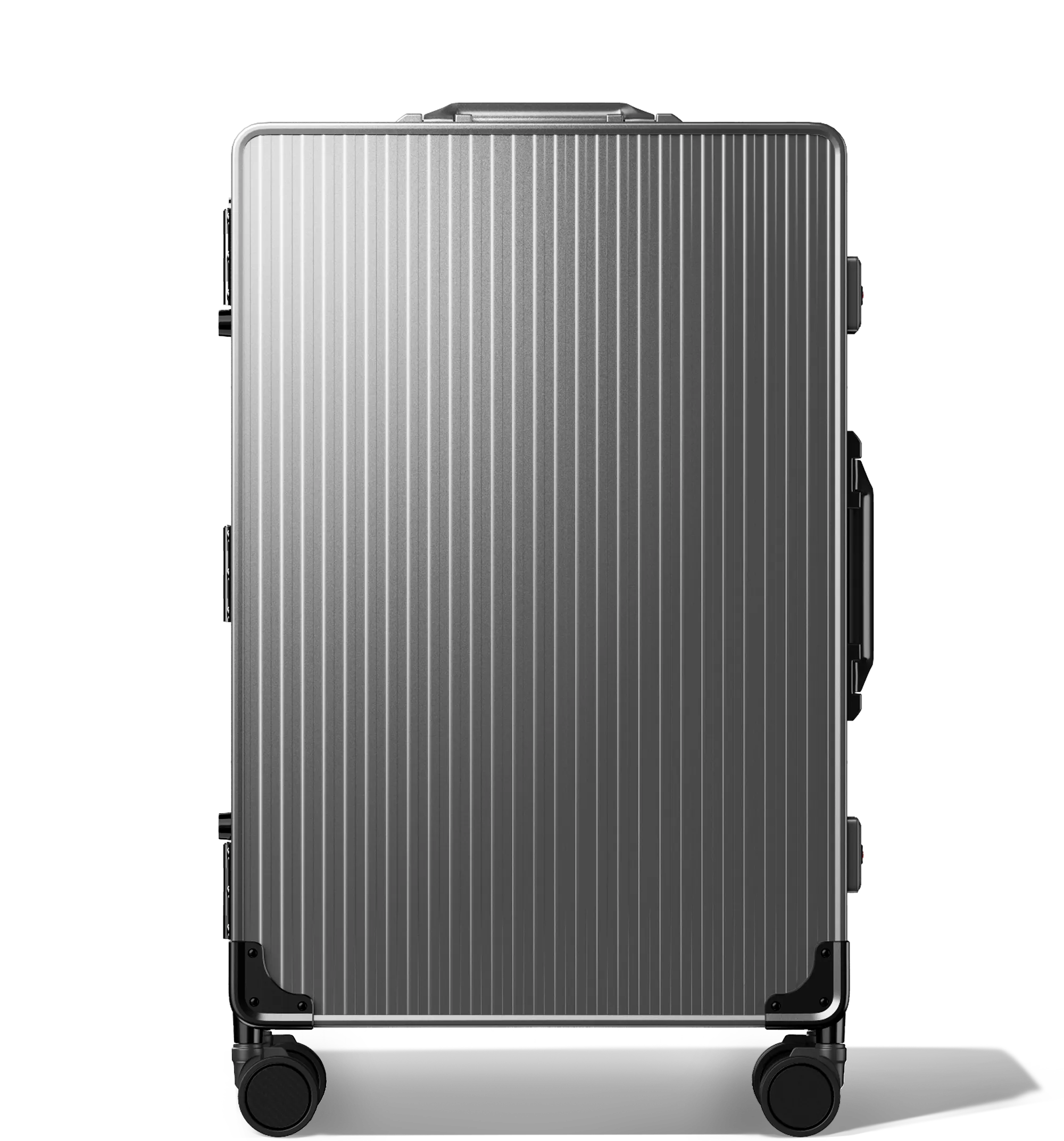 A vertical image of a Check-In 65/25 luggage , upright, Gun Metal hard-shell aluminium Luggage with a grooved surface design and multi-directional wheels, shown against a white background.