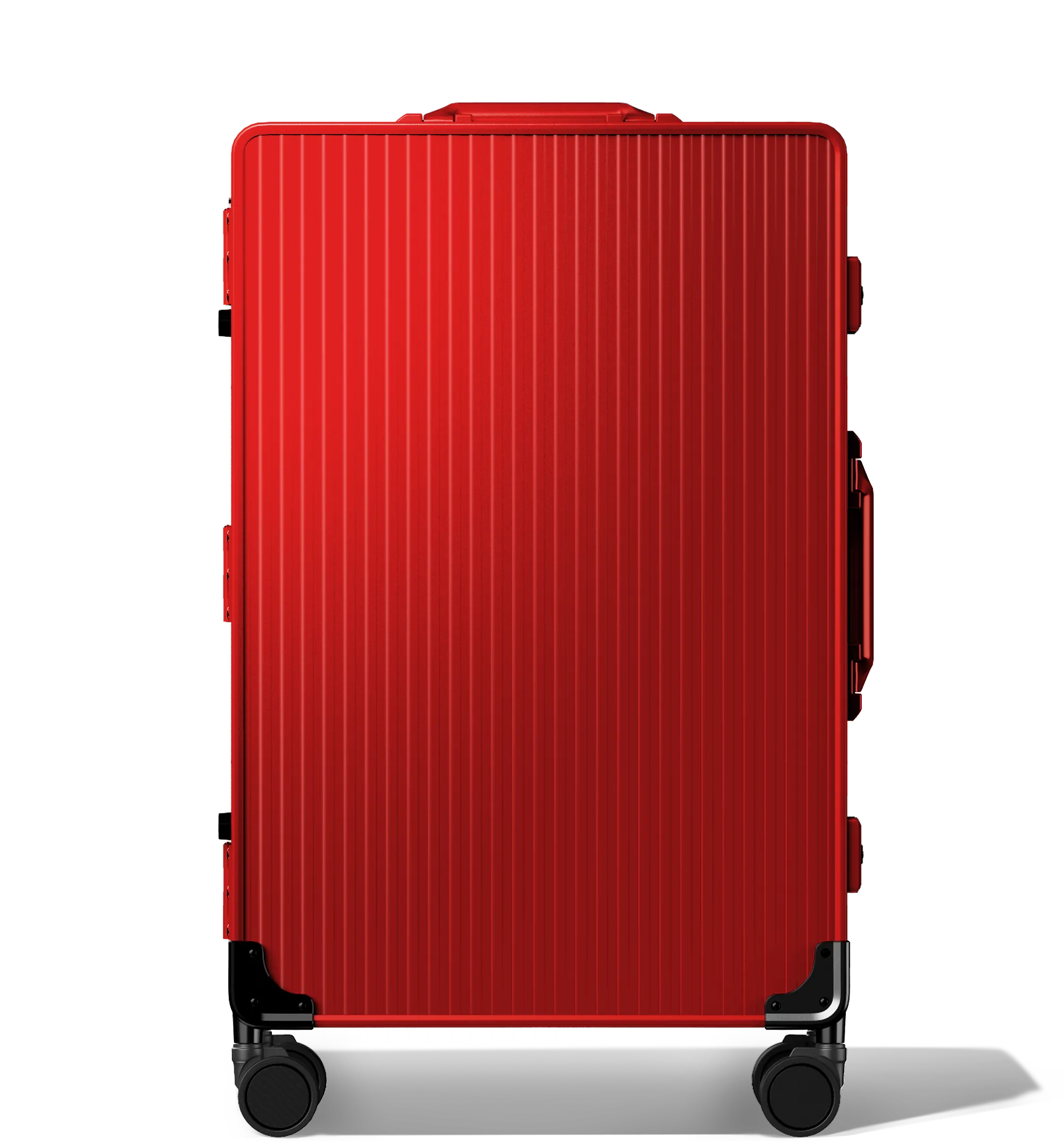 A vertical image of a Check-In 65/25 luggage , upright, red hard-shell aluminium Luggage with a grooved surface design and multi-directional wheels, shown against a white background.
