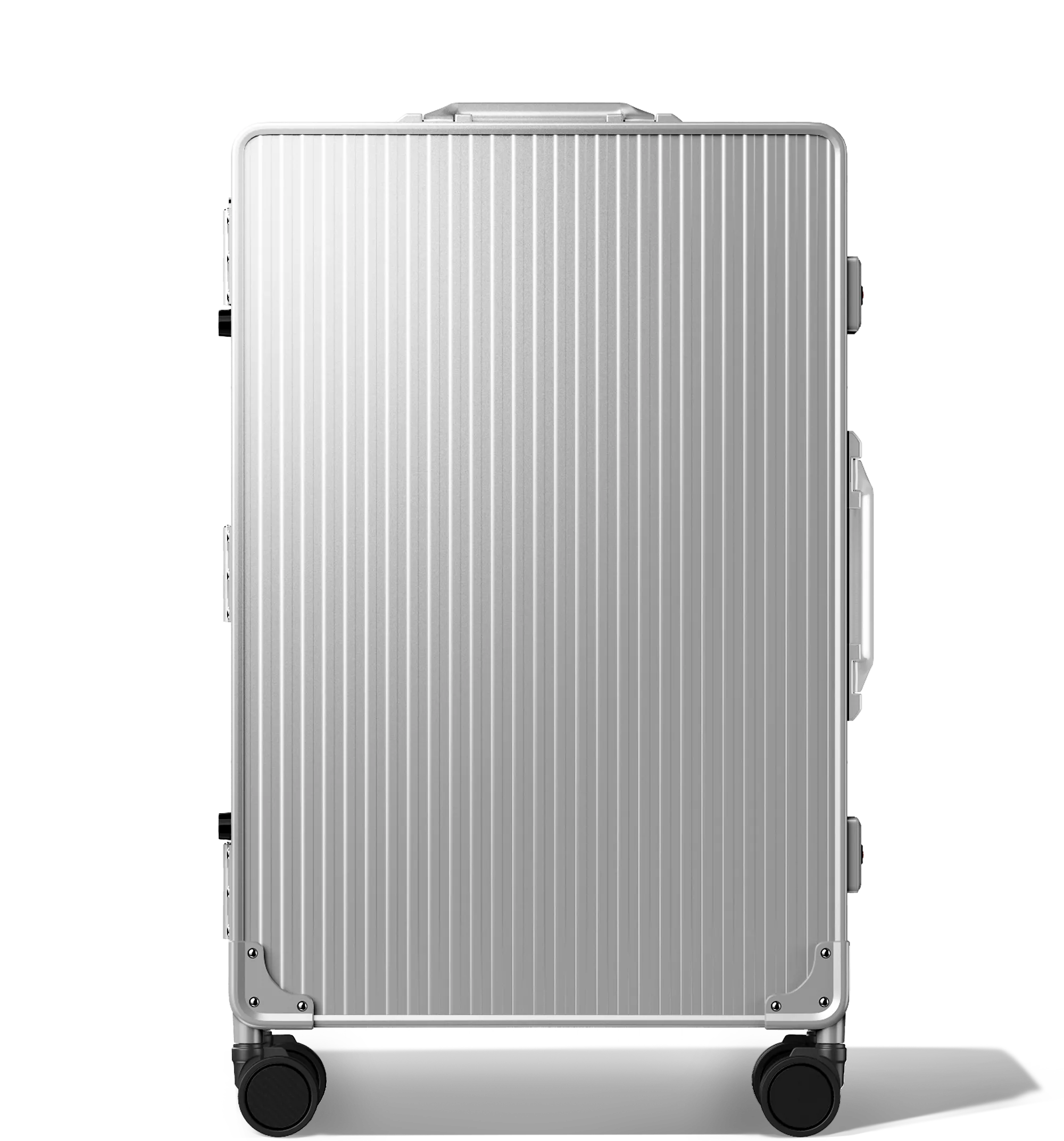 A vertical image of a Check-In 65/25 luggage , upright, Silver hard-shell aluminium Luggage with a grooved surface design and multi-directional wheels, shown against a white background.