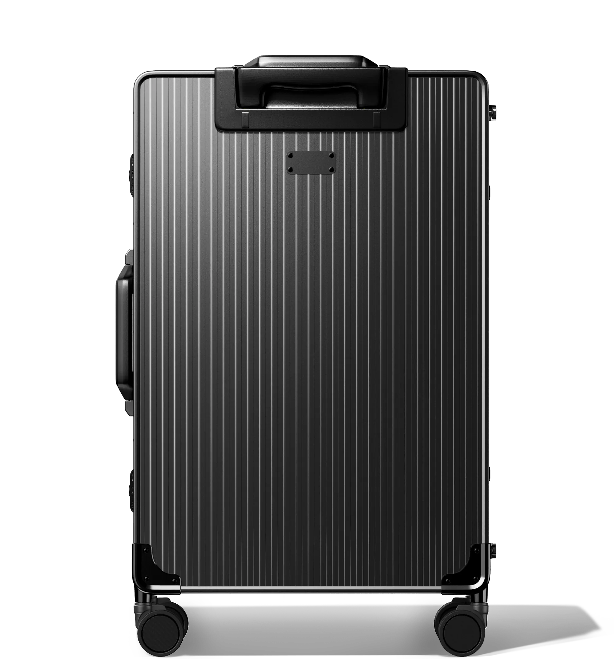 Frontal view of a black Check-In 65/25 , vertical hard-shell aluminium Luggage with ribbed texture, featuring a top handle, side latches, and four multi-directional spinner wheels, against a white background.