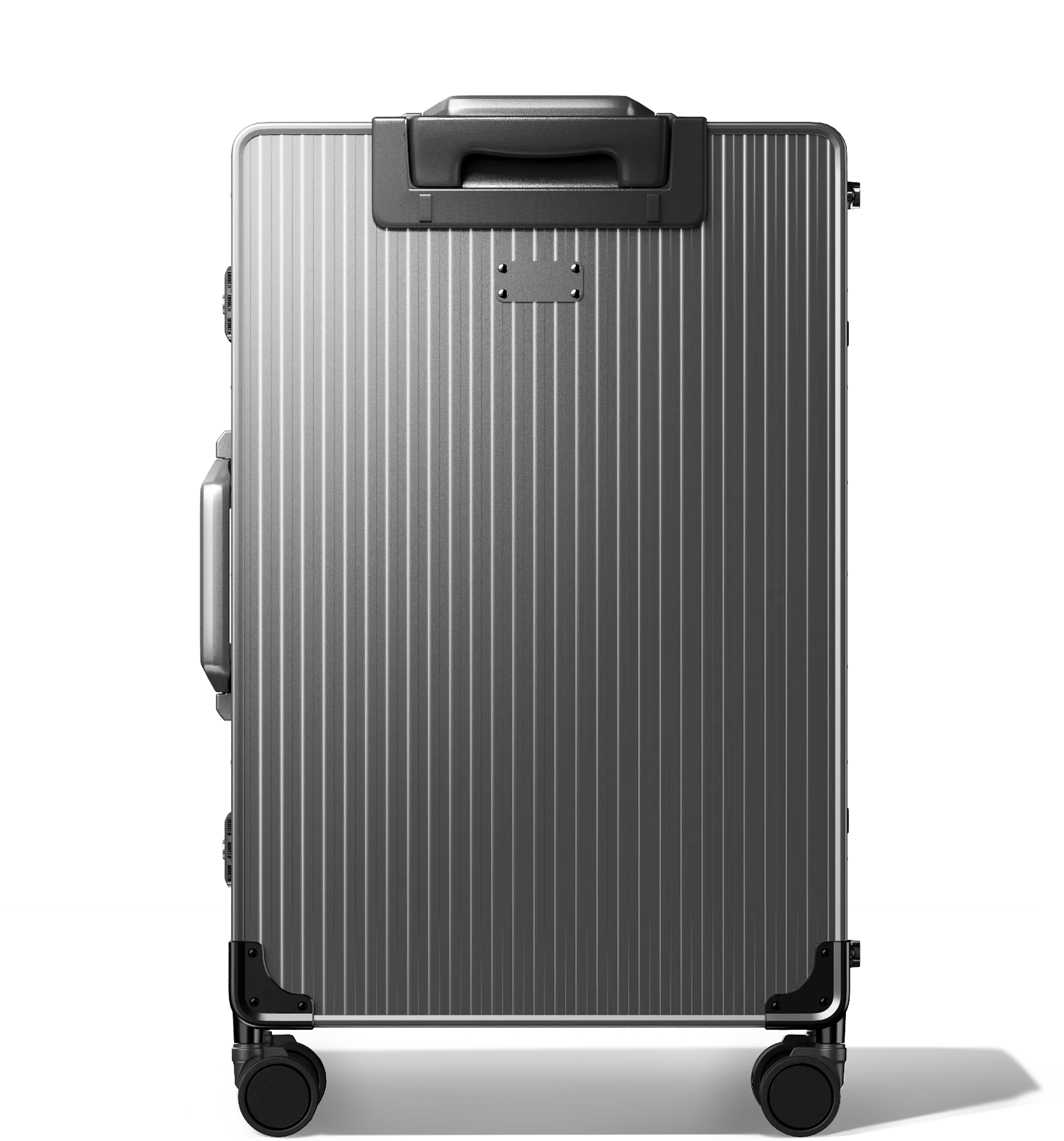 Frontal view of a Gun Metal Check-In 65/25 , vertical hard-shell aluminium Luggage with ribbed texture, featuring a top handle, side latches, and four multi-directional spinner wheels, against a white background.