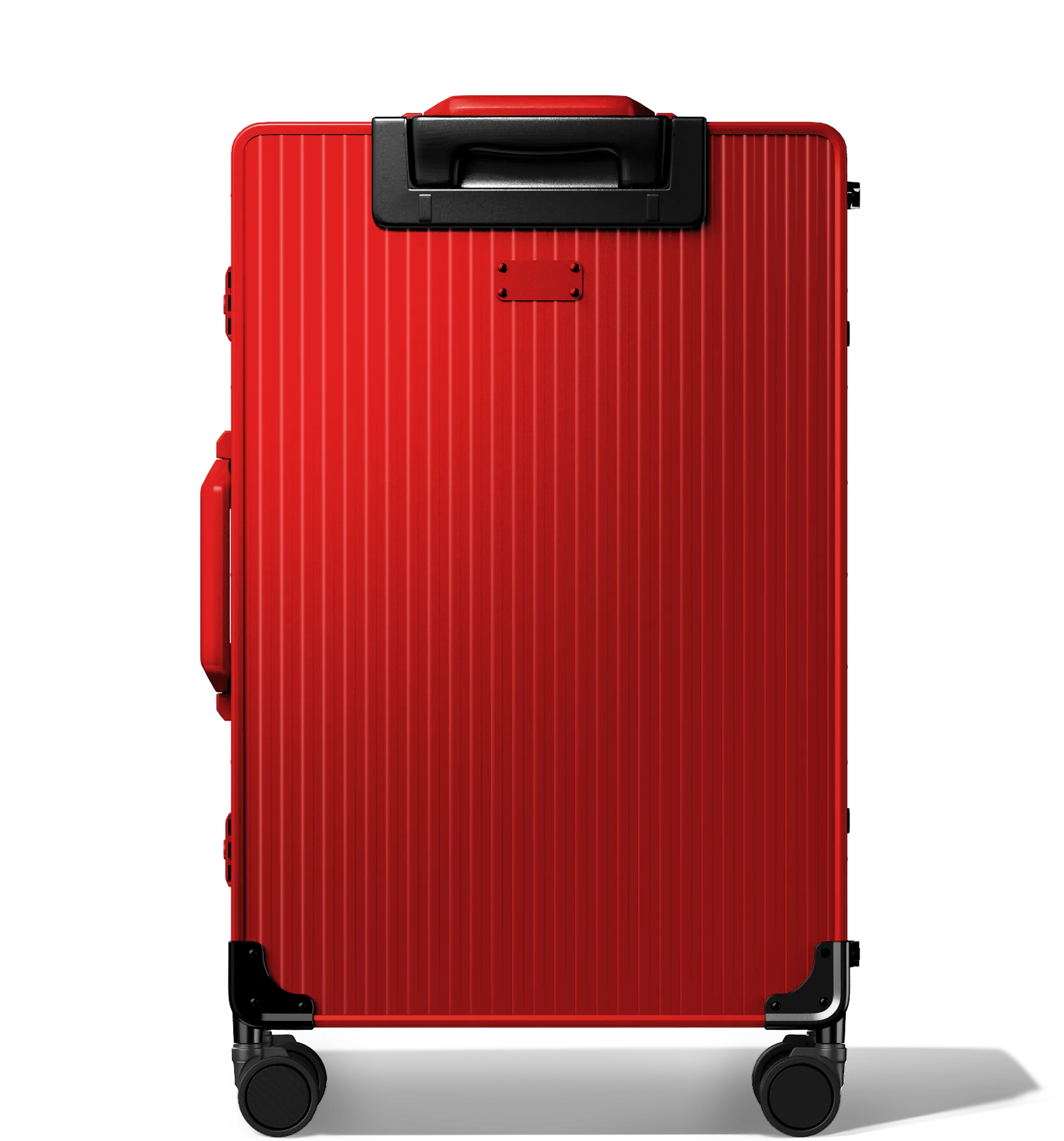 Frontal view of a Red Check-In 65/25 , vertical hard-shell aluminium Luggage with ribbed texture, featuring a top handle, side latches, and four multi-directional spinner wheels, against a white background.
