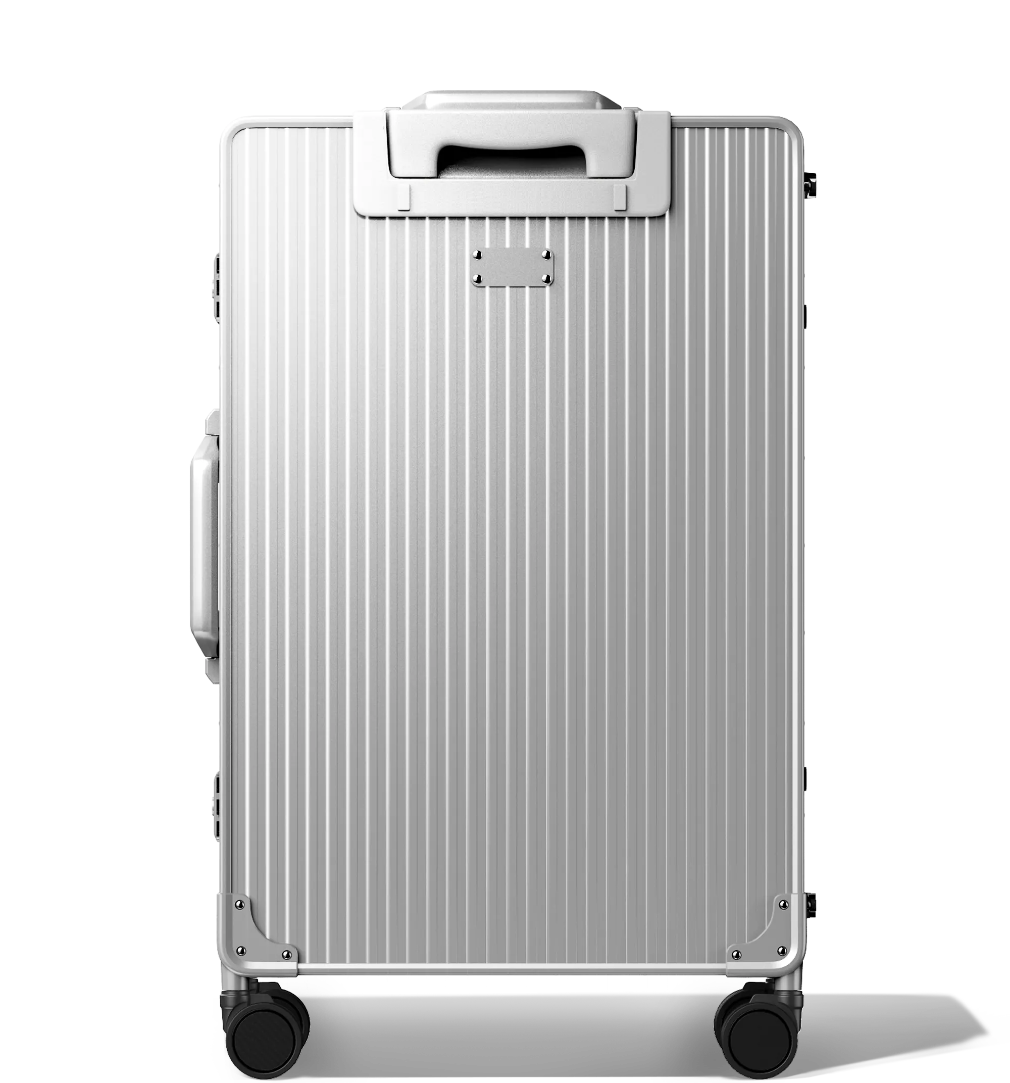Frontal view of a Silver Check-In 65/25 , vertical hard-shell aluminium Luggage with ribbed texture, featuring a top handle, side latches, and four multi-directional spinner wheels, against a white background.