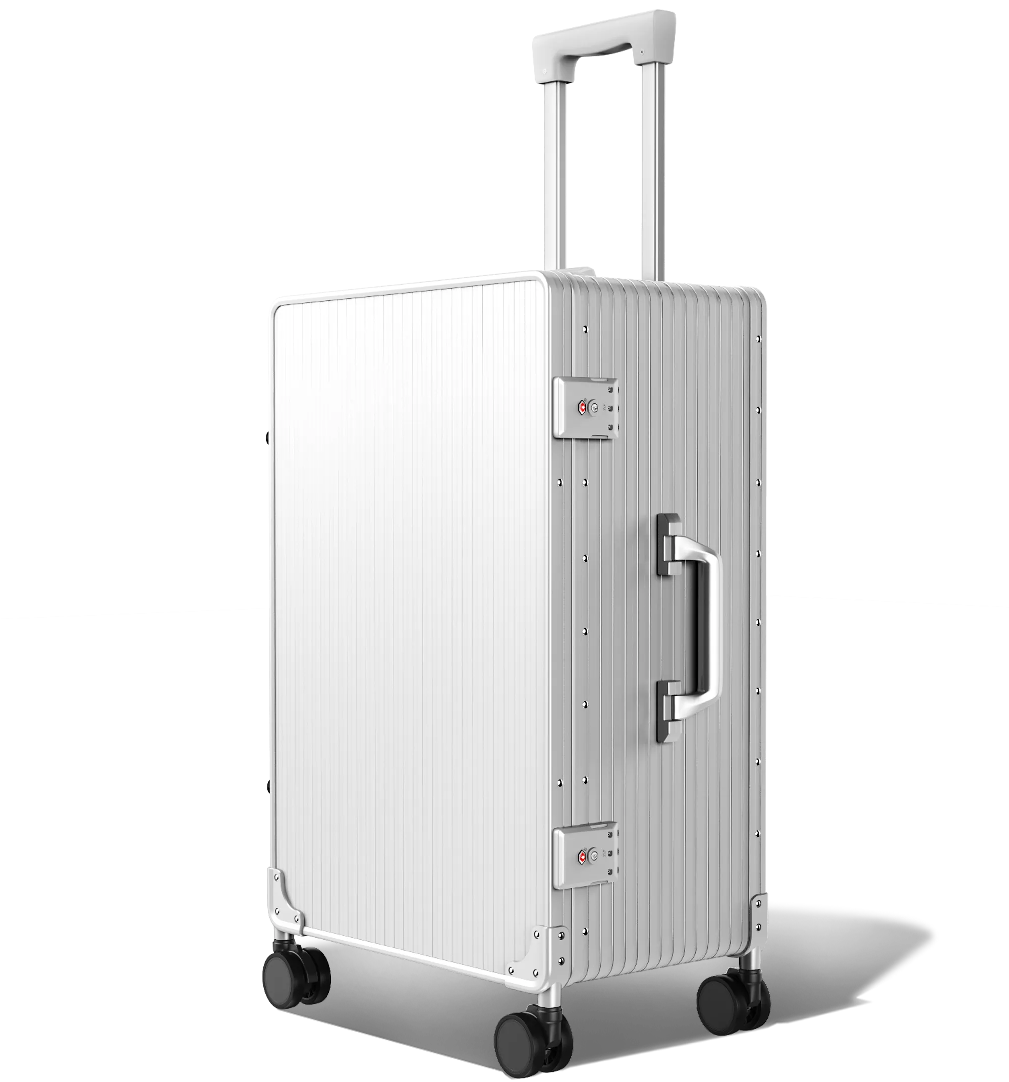 A three-quarter view of an upright Check-In 65/25 Silver hard-shell aluminium Luggage with a textured surface, featuring an extended telescopic handle, a side handle, and four spinner wheels, set against a white background.