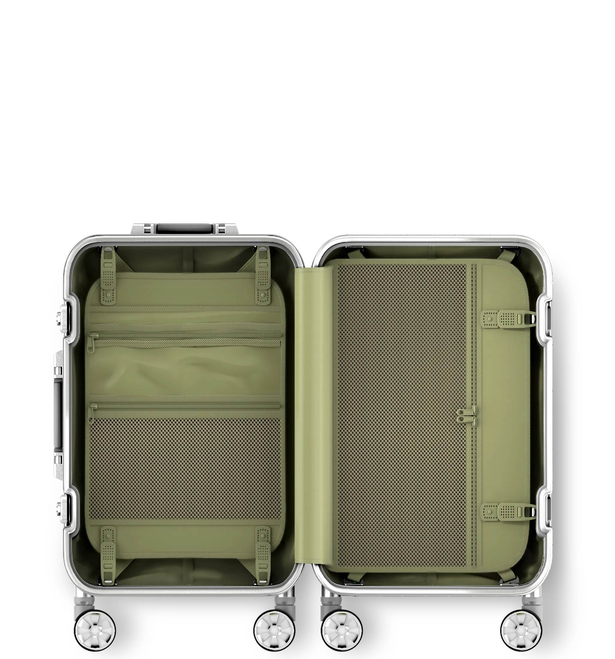 Silver hard-shell cabin in 54/23 luggage  viewed from the side, showcasing its telescopic handle, side carry handle, combination lock, protective bumper corners, and dual-spinner wheels, against a white background.