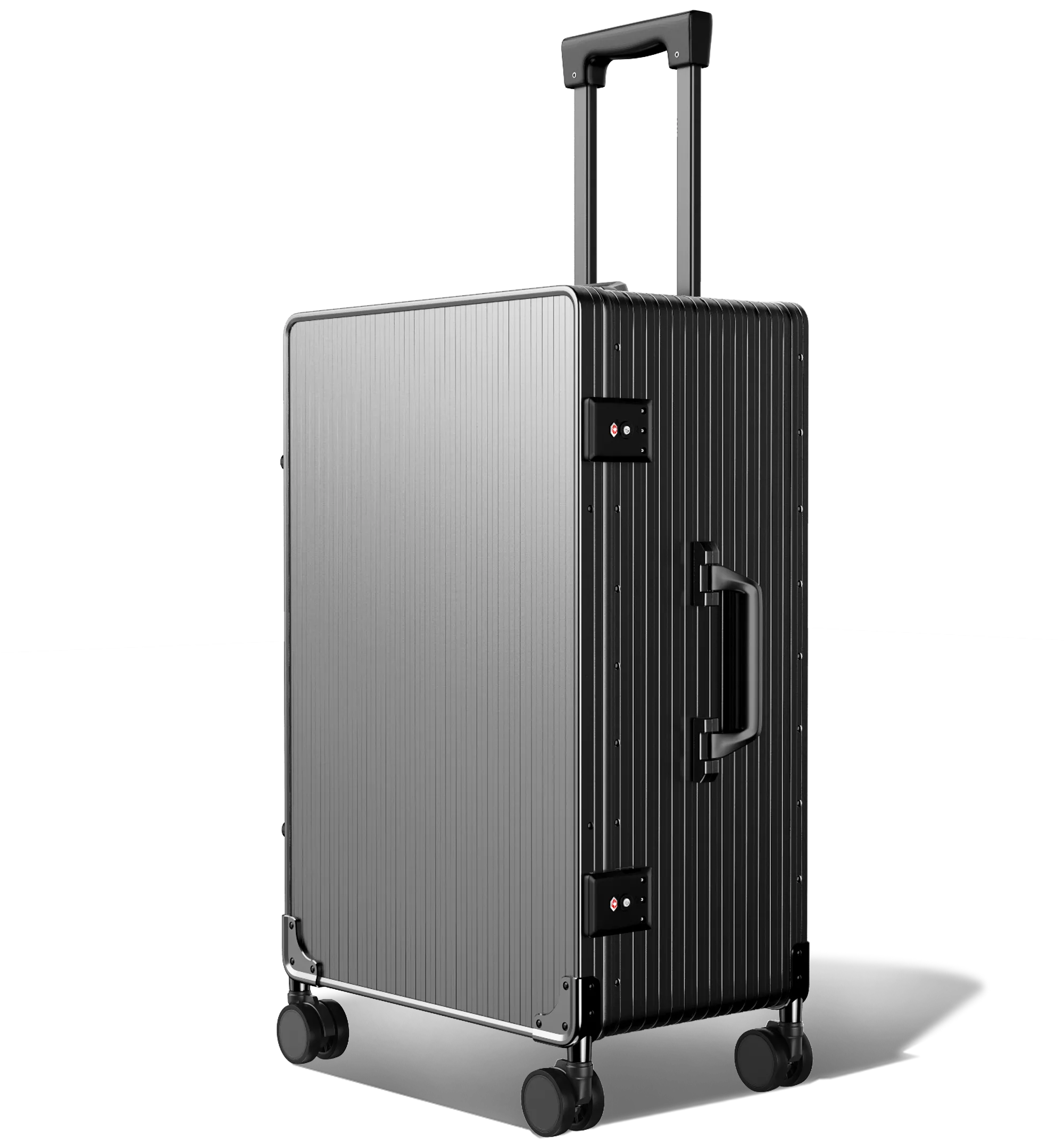 A three-quarter view of an upright Check-In 65/25 black hard-shell aluminium Luggage with a textured surface, featuring an extended telescopic handle, a side handle, and four spinner wheels, set against a white background.