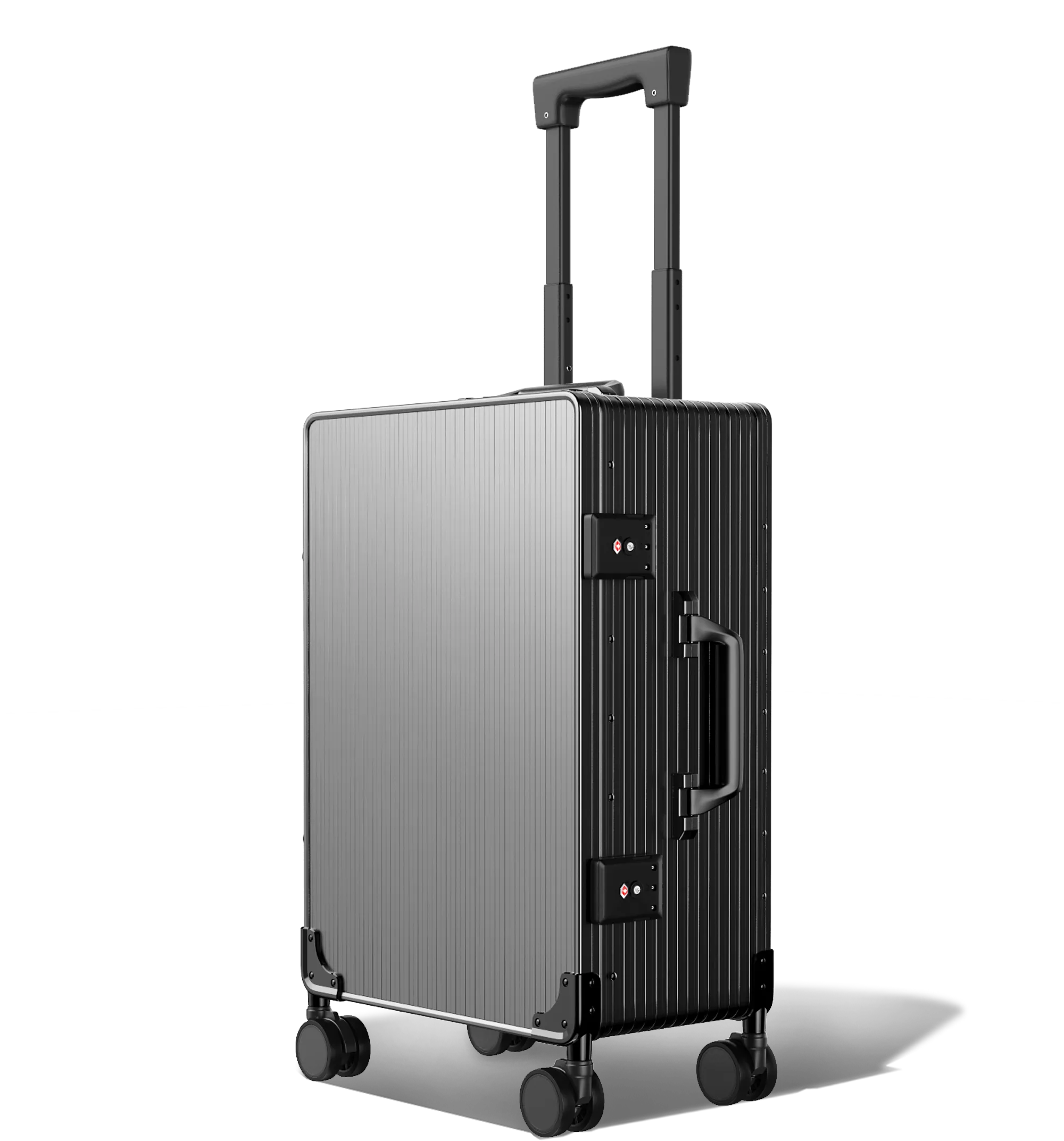 A three-quarter view of an upright Cabin in 56/20 black hard-shell aluminium Luggage with a textured surface, featuring an extended telescopic handle, a side handle, and four spinner wheels, set against a white background.
