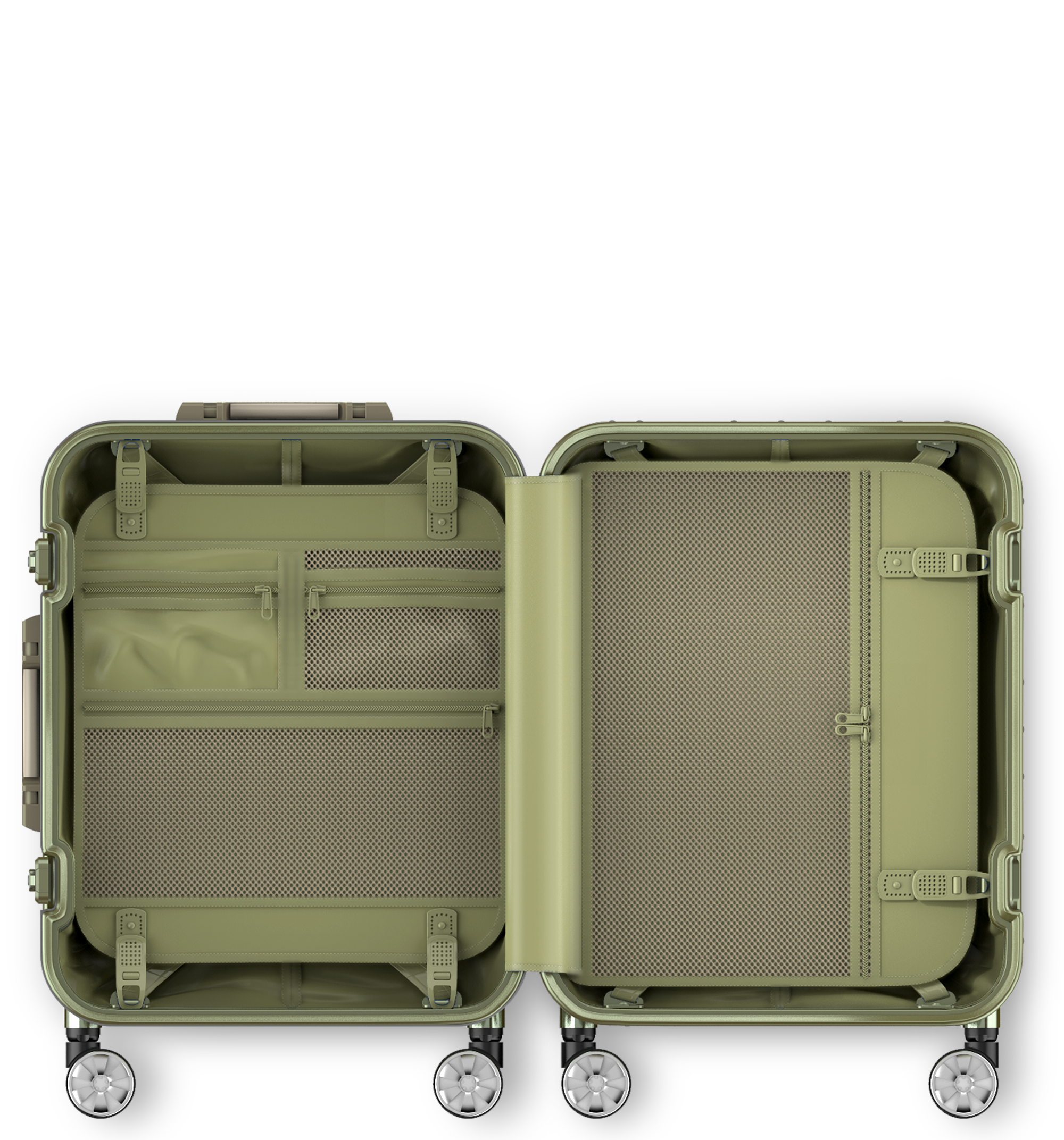 Champagne hard-shell Check-In 60/25 luggage viewed from the side, showcasing its telescopic handle, side carry handle, combination lock, protective bumper corners, and dual-spinner wheels, against a white background.