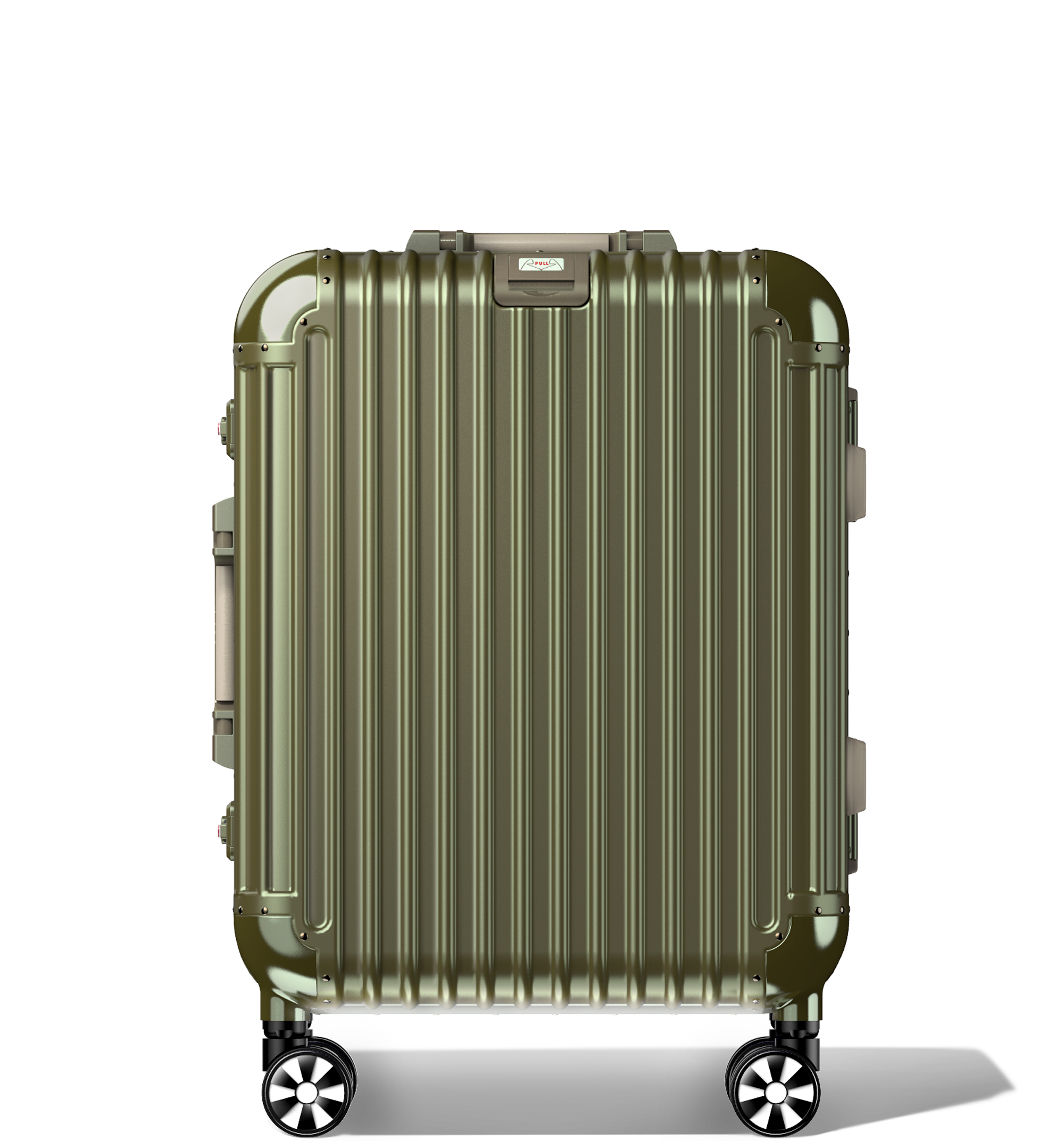 A Champagne metallic Check-In 60/25 aluminium hard-shell Luggage standing vertically, featuring a ribbed design, a branded logo plate at the top, reinforced corner protectors, and four multi-directional spinner wheels, displayed against a white background.