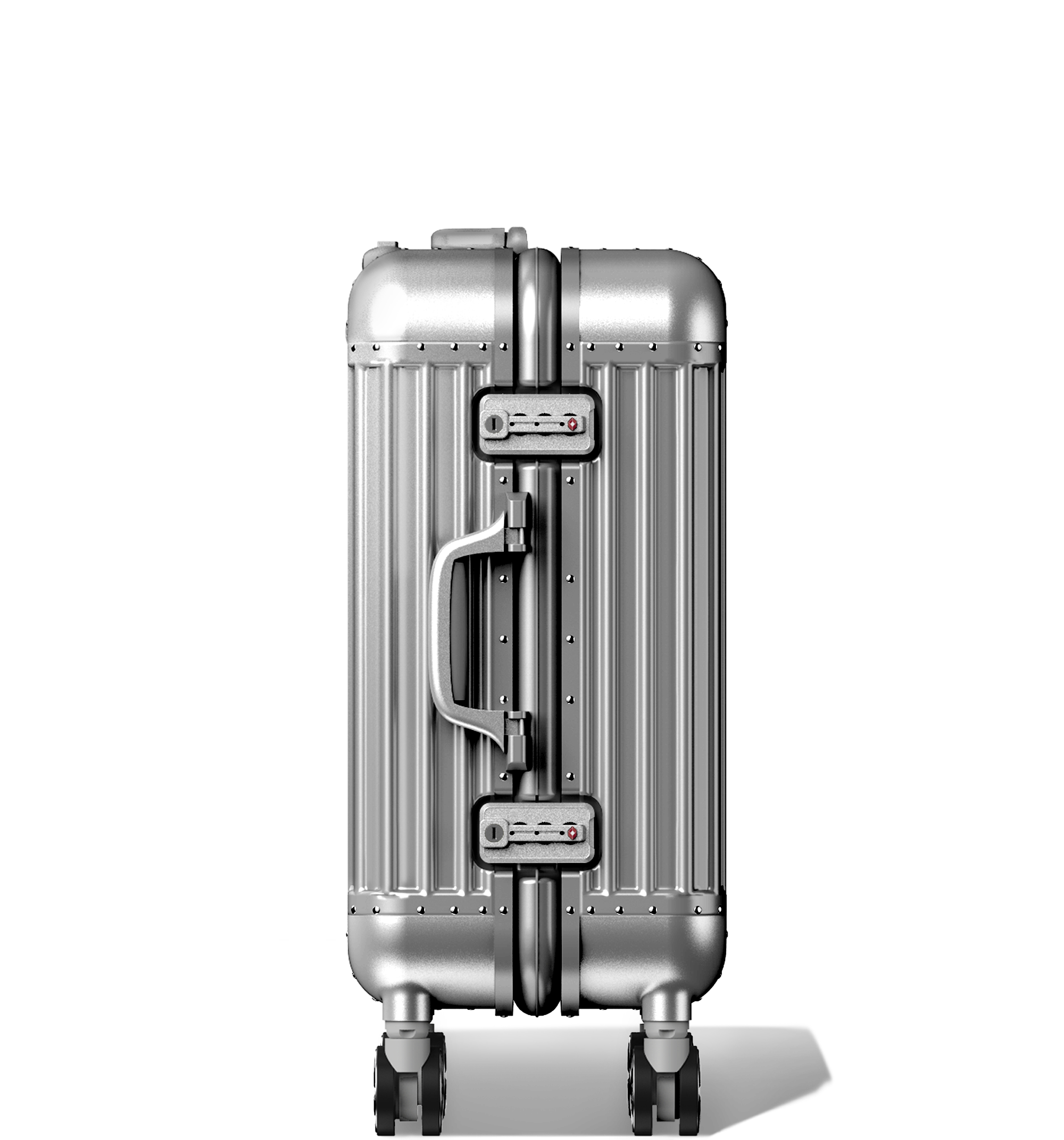 Silver hard-shell Check-In 60/25 luggage viewed from the side, showcasing its telescopic handle, side carry handle, combination lock, protective bumper corners, and dual-spinner wheels, against a white background.