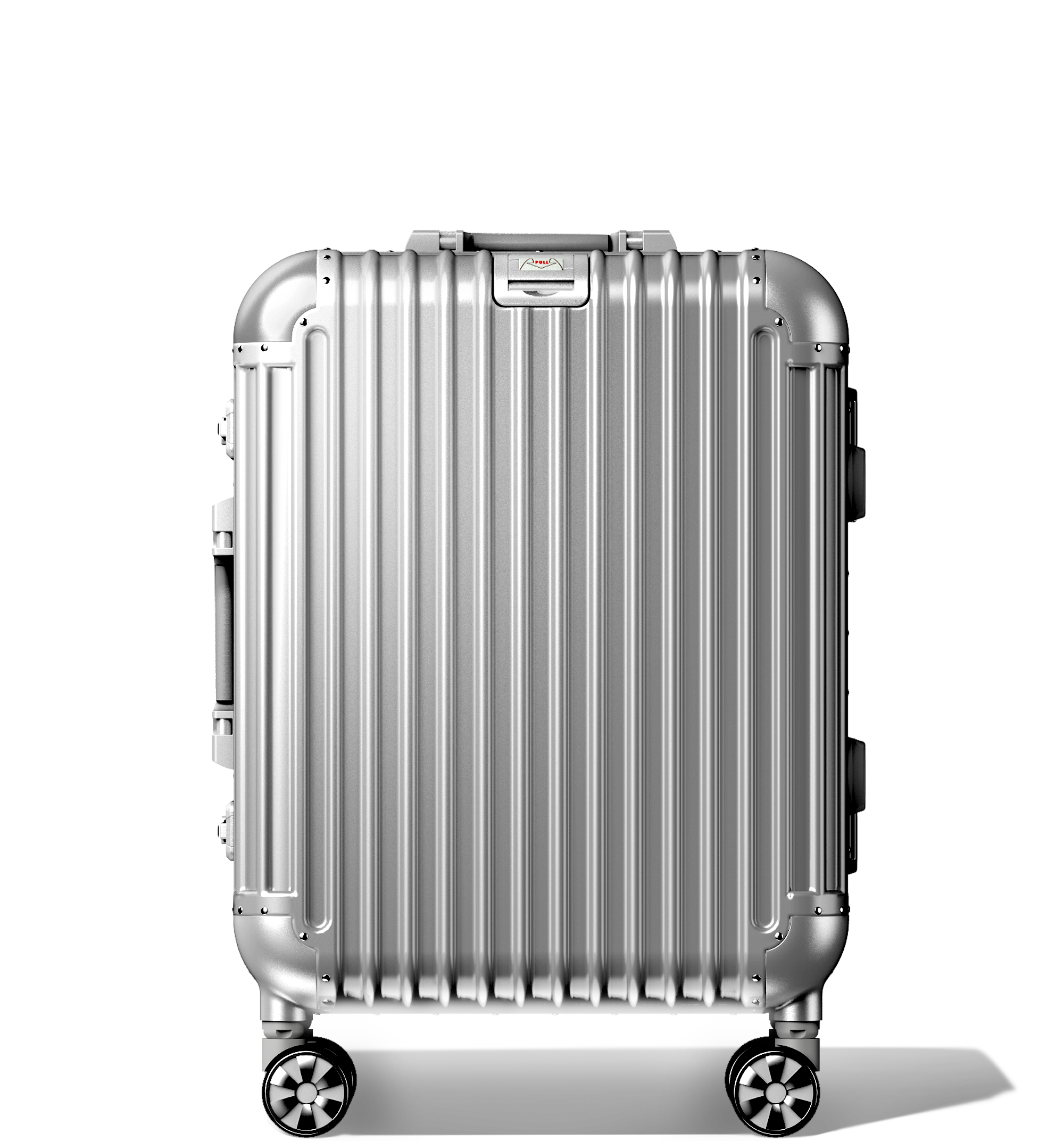 A silver metallic Check-In 60/25 aluminium hard-shell Luggage standing vertically, featuring a ribbed design, a branded logo plate at the top, reinforced corner protectors, and four multi-directional spinner wheels, displayed against a white background.