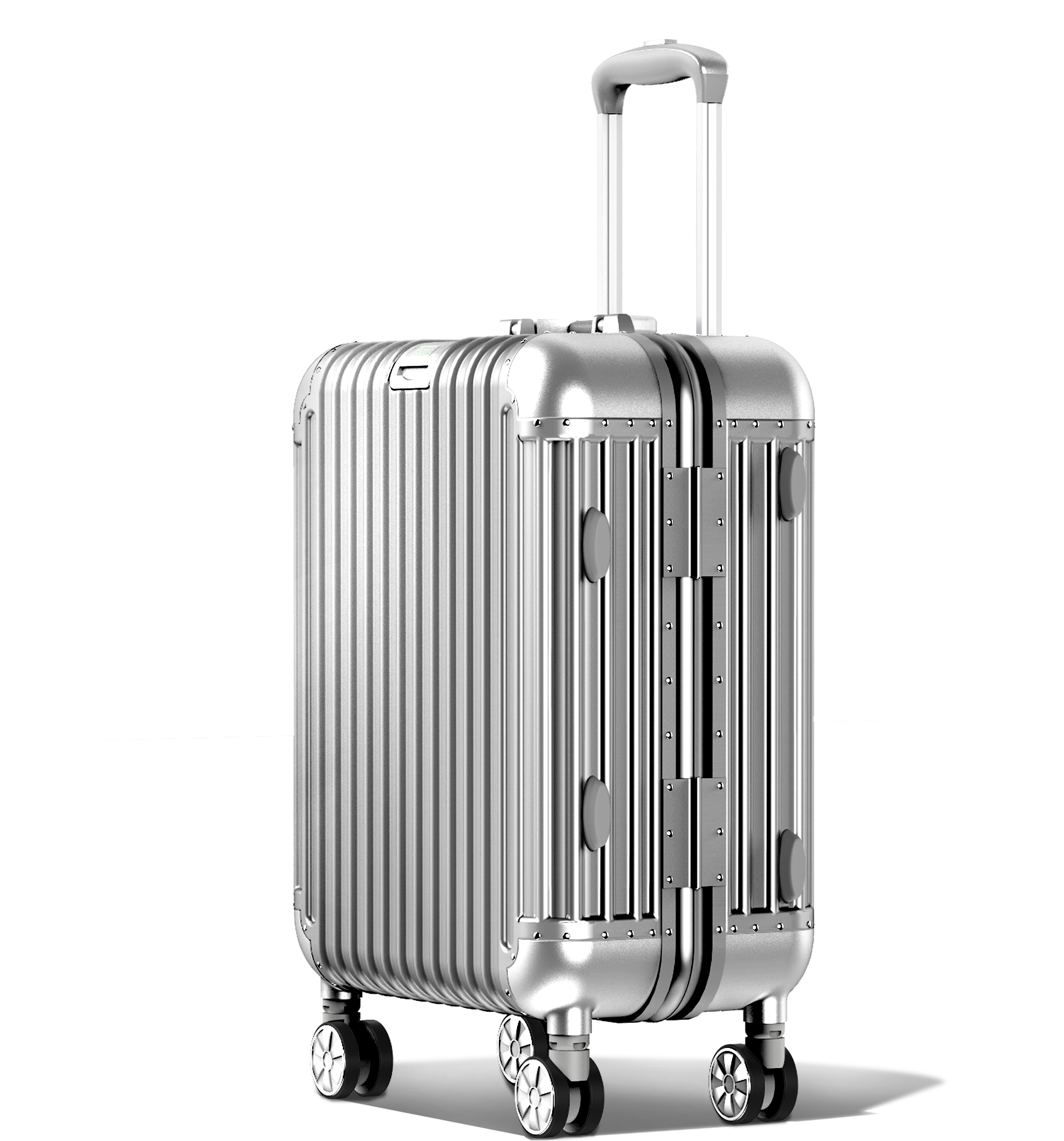 A vertical silver metallic Check-In 60/25 hard-shell aluminium luggage with an extended telescopic handle, ribbed exterior, and a central latch with side locking mechanisms. It has four double-spinner wheels and is shown against a white background.