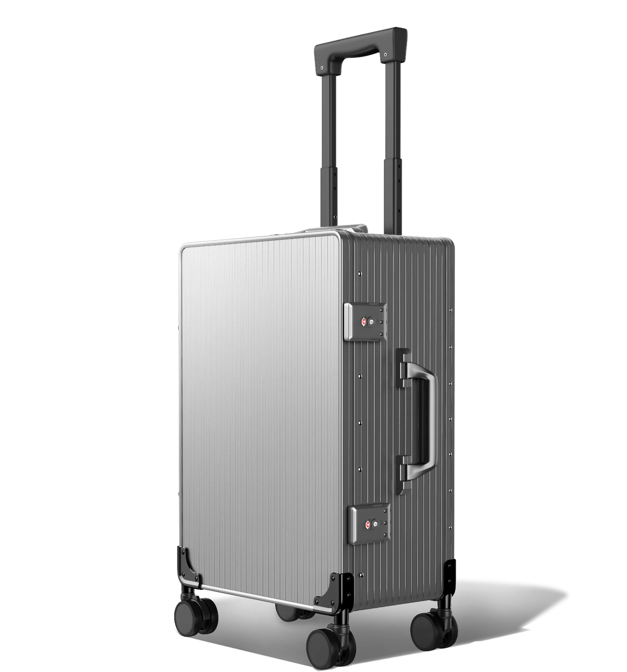 A three-quarter view of an upright Cabin in 56/20 Gun Metal hard-shell aluminium suitcase with a textured surface, featuring an extended telescopic handle, a side handle, and four spinner wheels, set against a white background.
