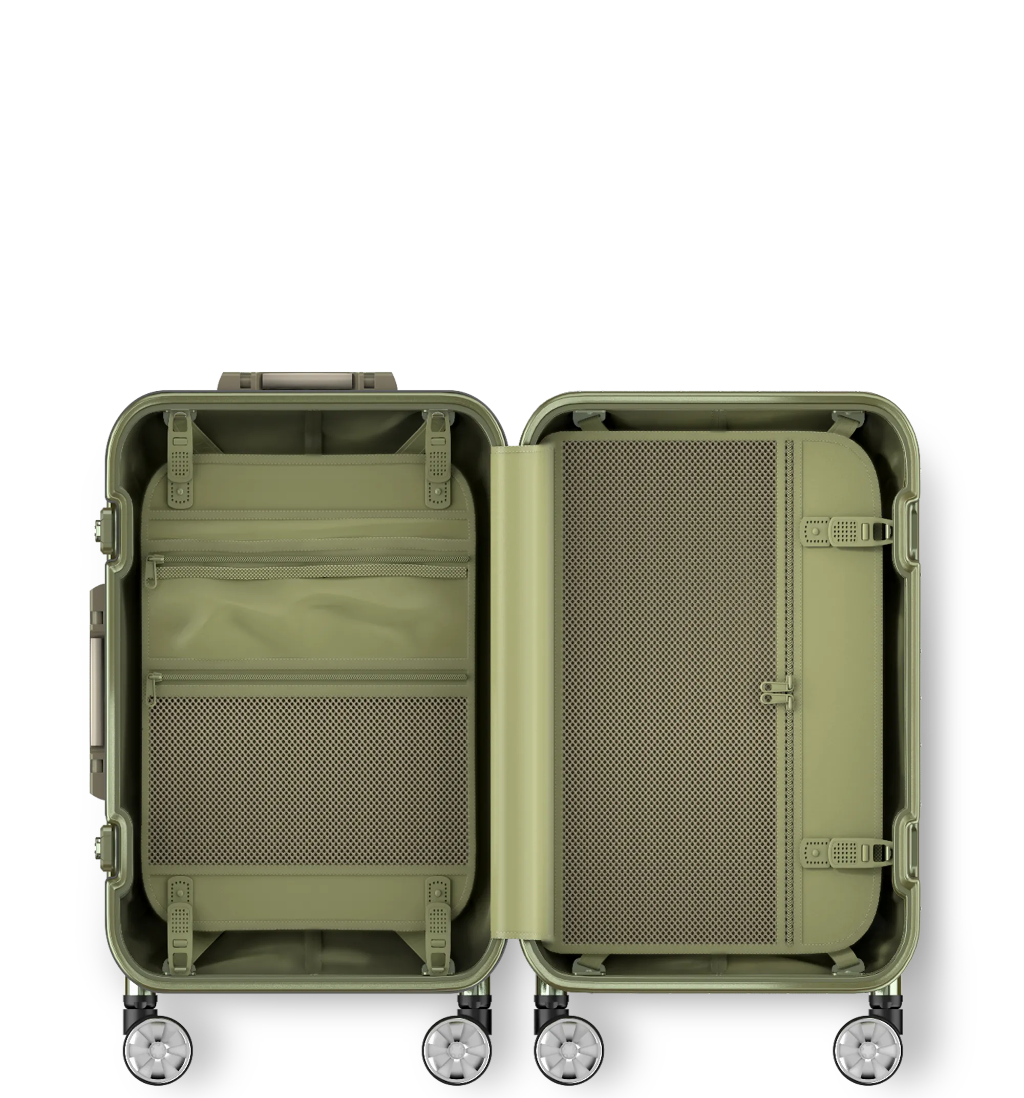 Champagne hard-shell cabin in 54/23 luggage viewed from the side, showcasing its telescopic handle, side carry handle, combination lock, protective bumper corners, and dual-spinner wheels, against a white background.