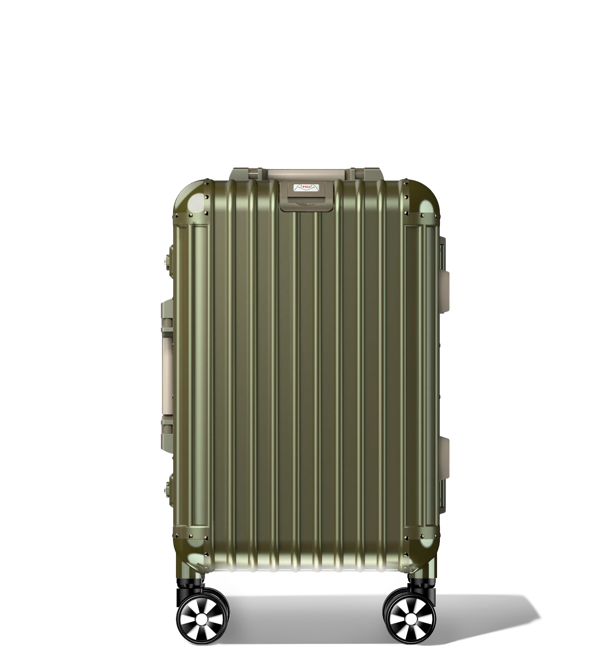 A Champagne metallic Cabin In 54/23 aluminium hard-shell Luggage standing vertically, featuring a ribbed design, a branded logo plate at the top, reinforced corner protectors, and four multi-directional spinner wheels, displayed against a white background.