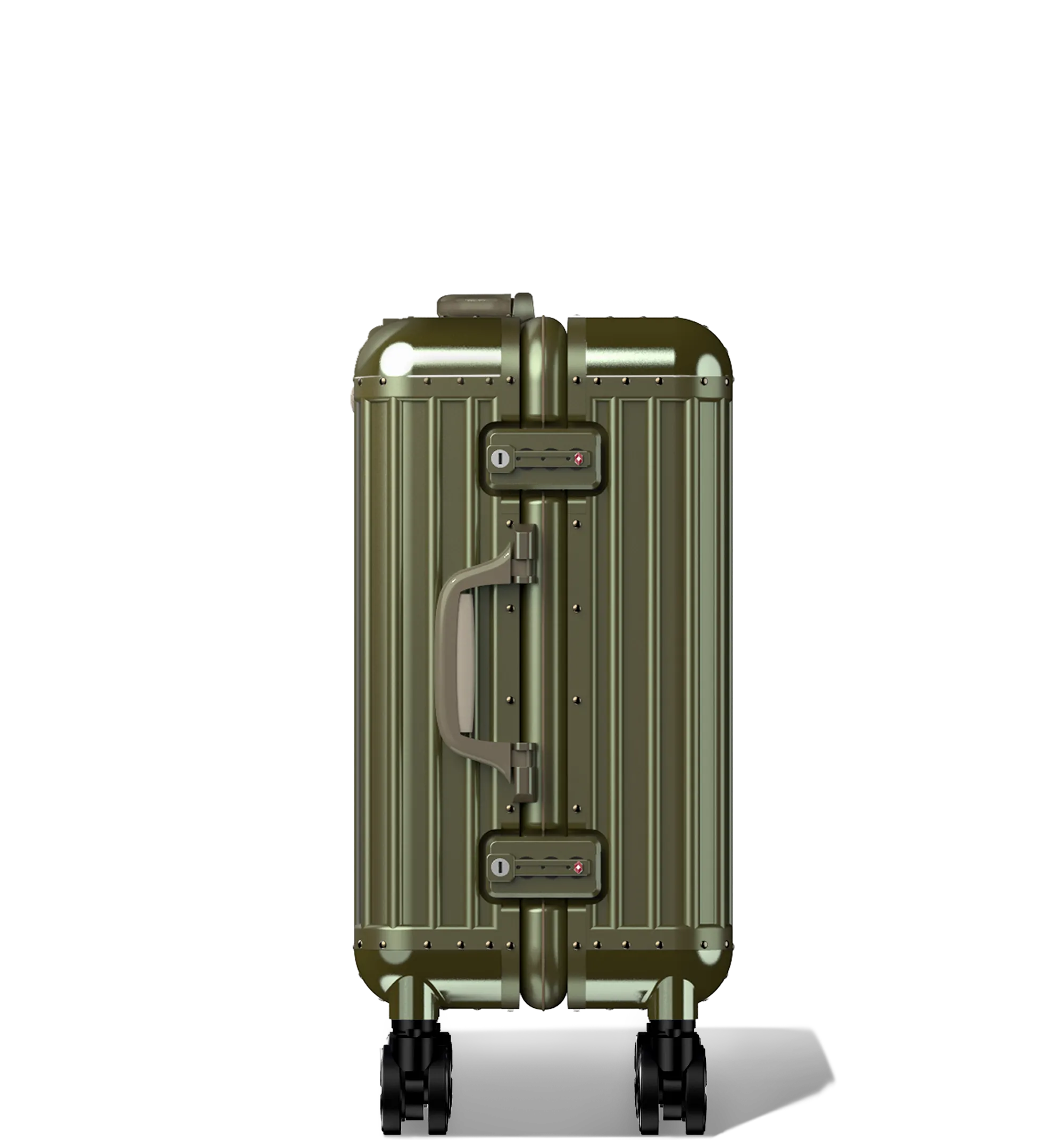 Champagne hard-shell cabin in 54/23 luggage  viewed from the side, showcasing its telescopic handle, side carry handle, combination lock, protective bumper corners, and dual-spinner wheels, against a white background.