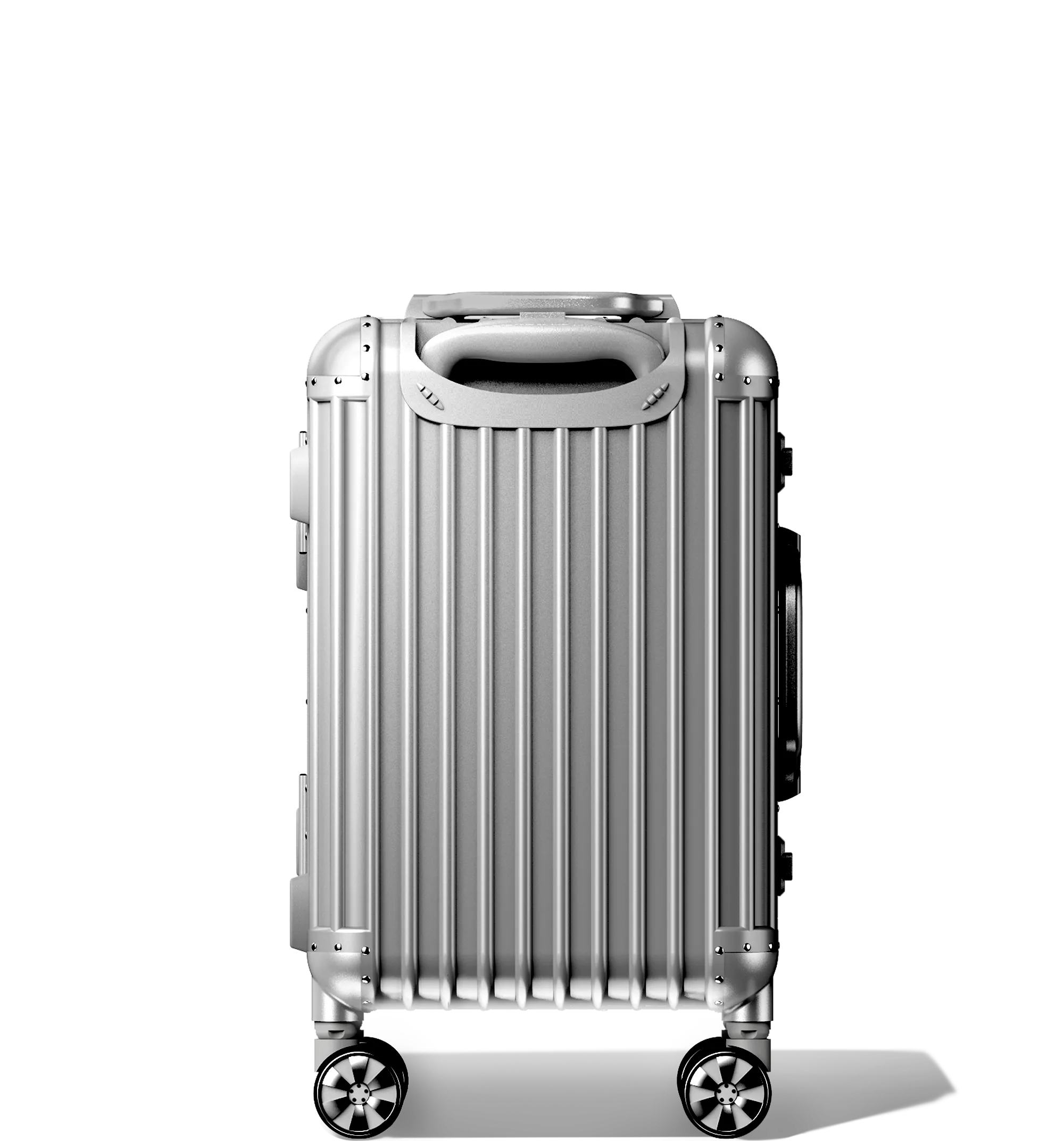 Silver hard-shell carry-on cabin in 54/23 luggage in an upright position with a retractable handle, ribbed design, reinforced