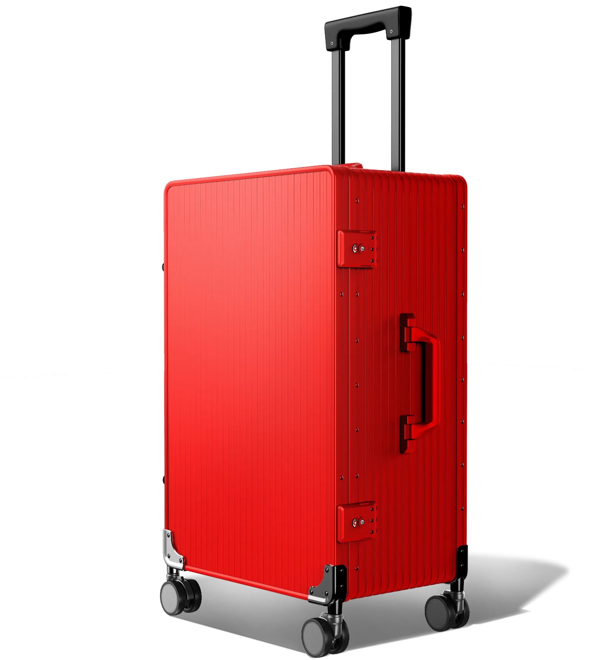 A three-quarter view of an upright Check-In 65/25 red hard-shell aluminium suitcase with a textured surface, featuring an extended telescopic handle, a side handle, and four spinner wheels, set against a white background.