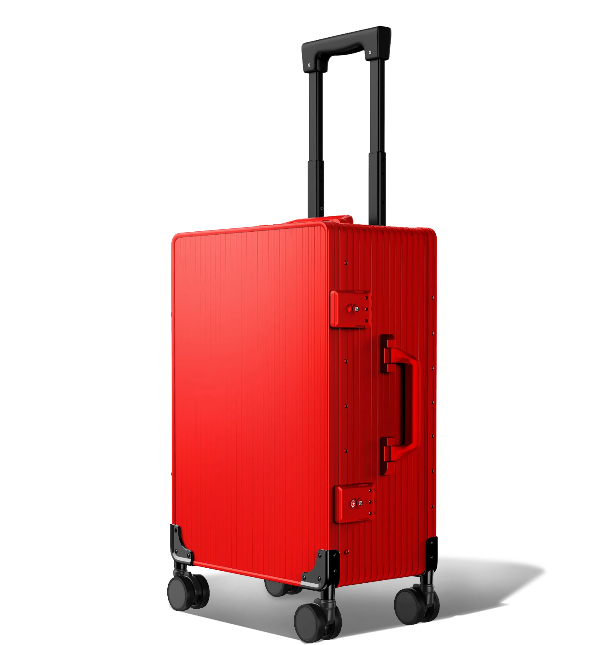 A three-quarter view of an upright Cabin in 56/20 red hard-shell aluminium Luggage with a textured surface, featuring an extended telescopic handle, a side handle, and four spinner wheels, set against a white background.