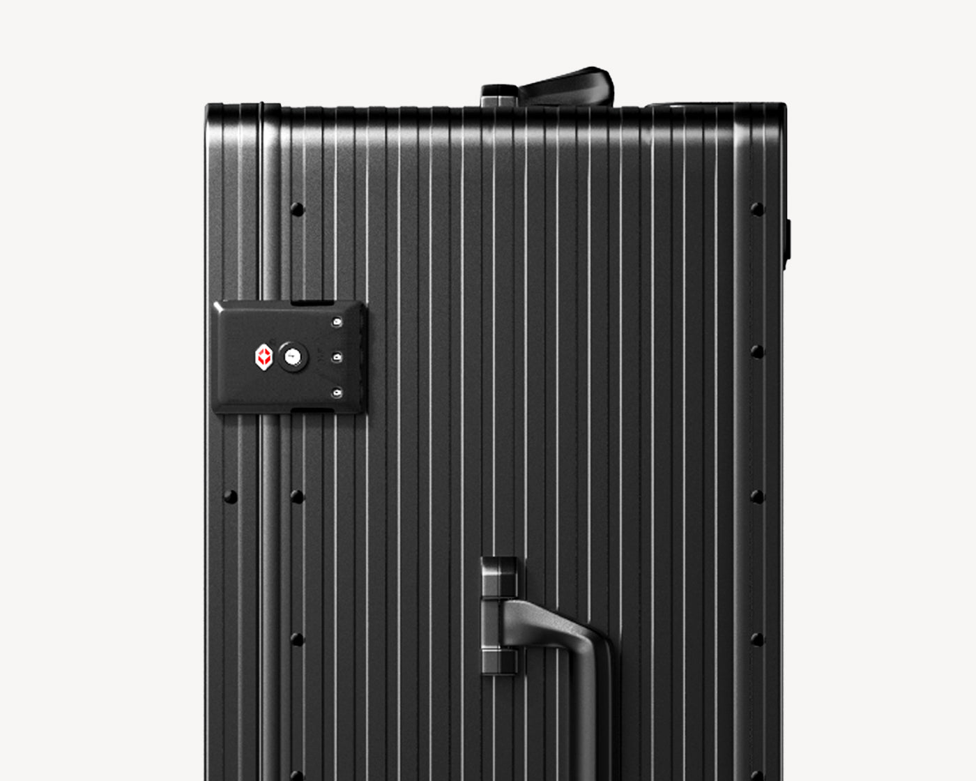 Close-up image of a black ribbed luggage in an upright position, featuring a TSA-approved combination lock and a side handle, set against a light background.