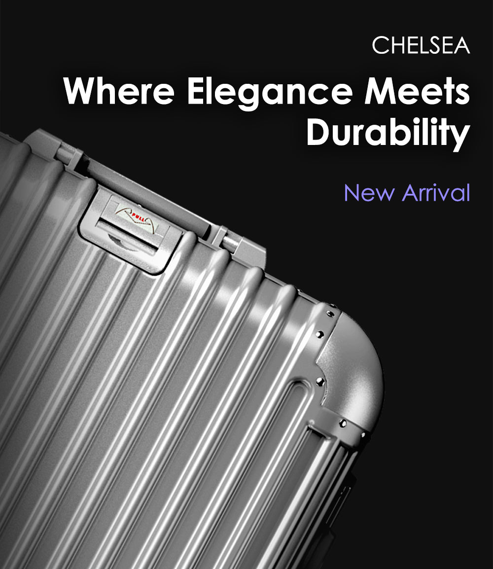 Promotional banner for Chelsea luggage featuring a close-up of a silver luggage corner with text overlay saying 'Where Elegance Meets Durability' and 'New Arrival'.
