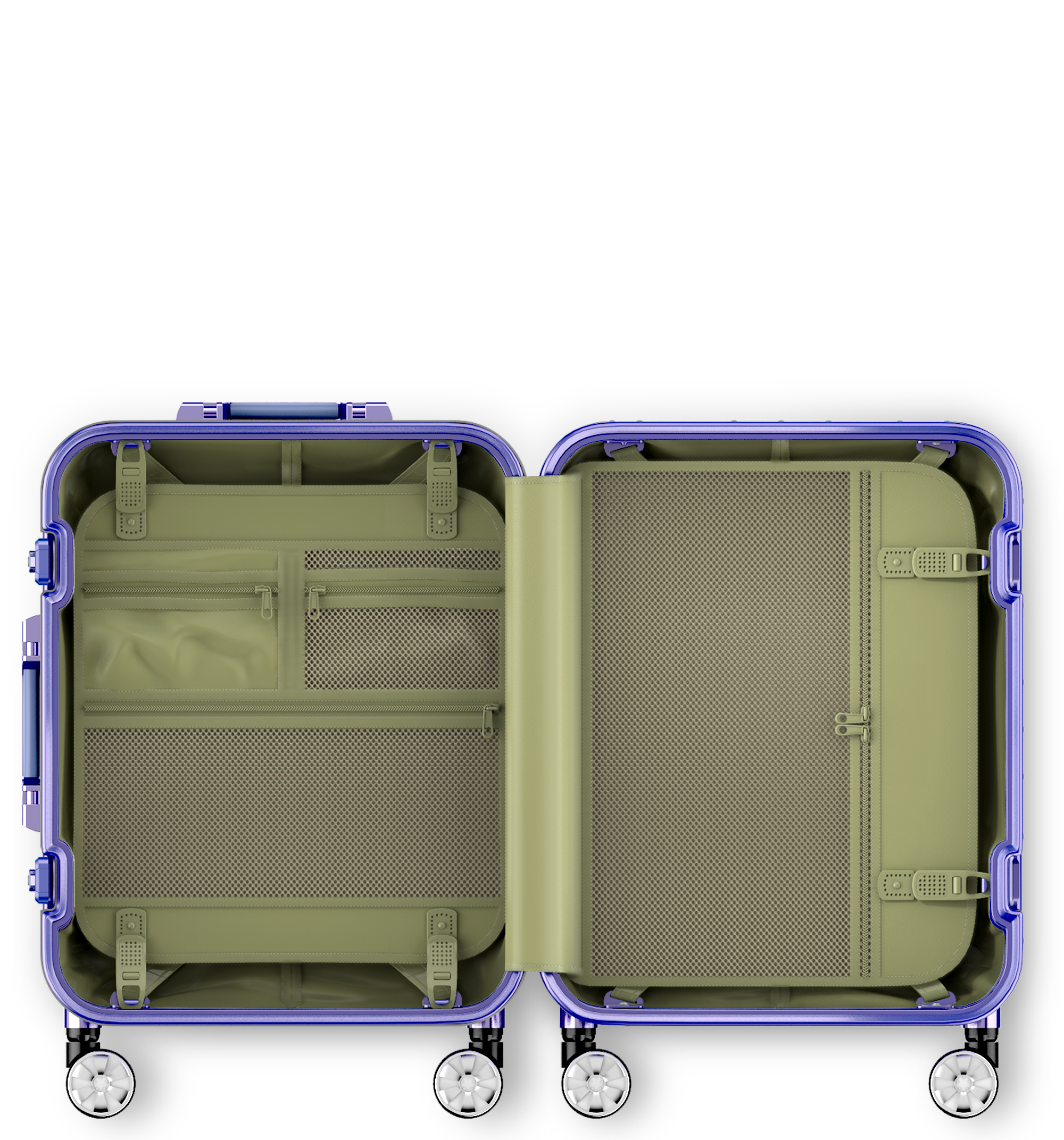 Blue hard-shell Check-In 60/25 luggage viewed from the side, showcasing its telescopic handle, side carry handle, combination lock, protective bumper corners, and dual-spinner wheels, against a white background.