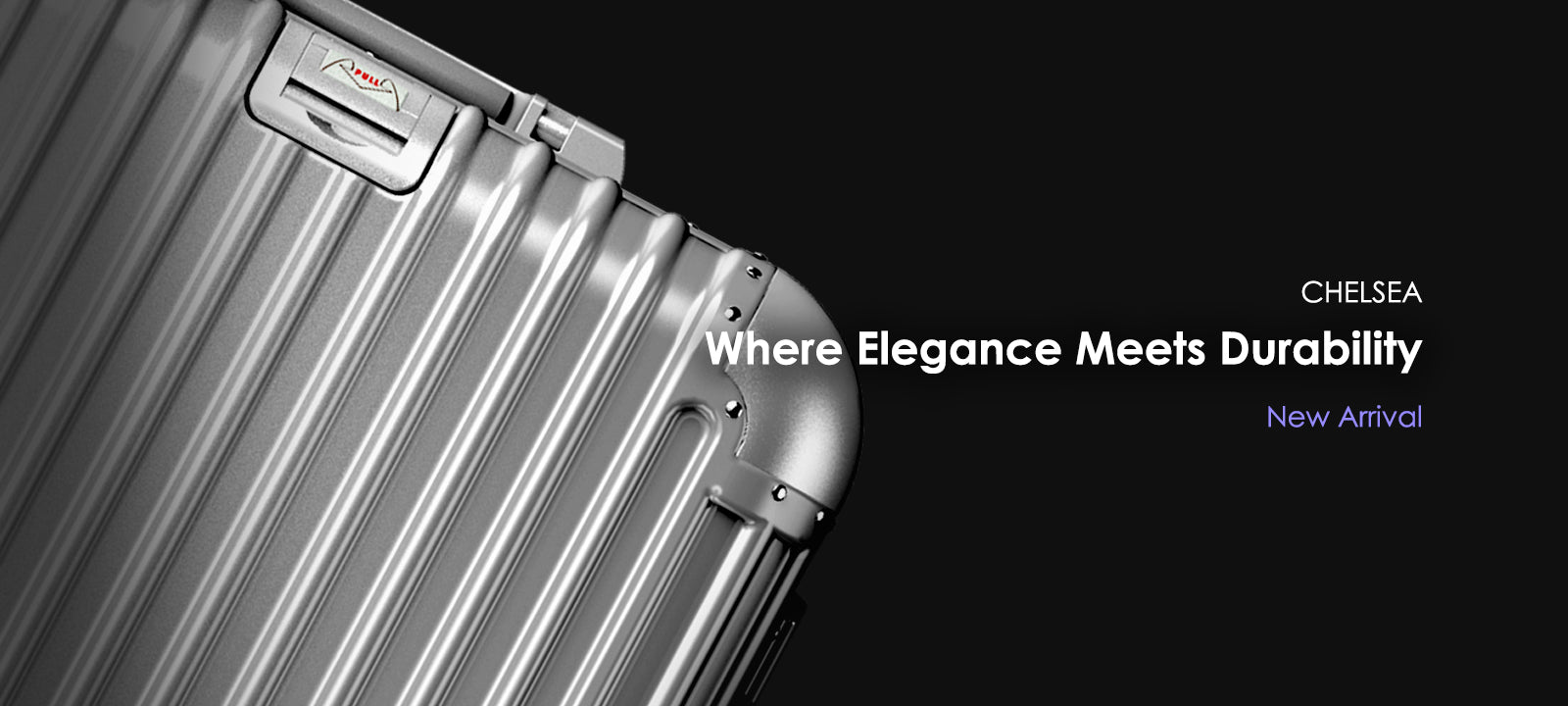 Promotional banner for Chelsea luggage featuring a close-up of a silver luggage corner with text overlay saying 'Where Elegance Meets Durability' and 'New Arrival'.