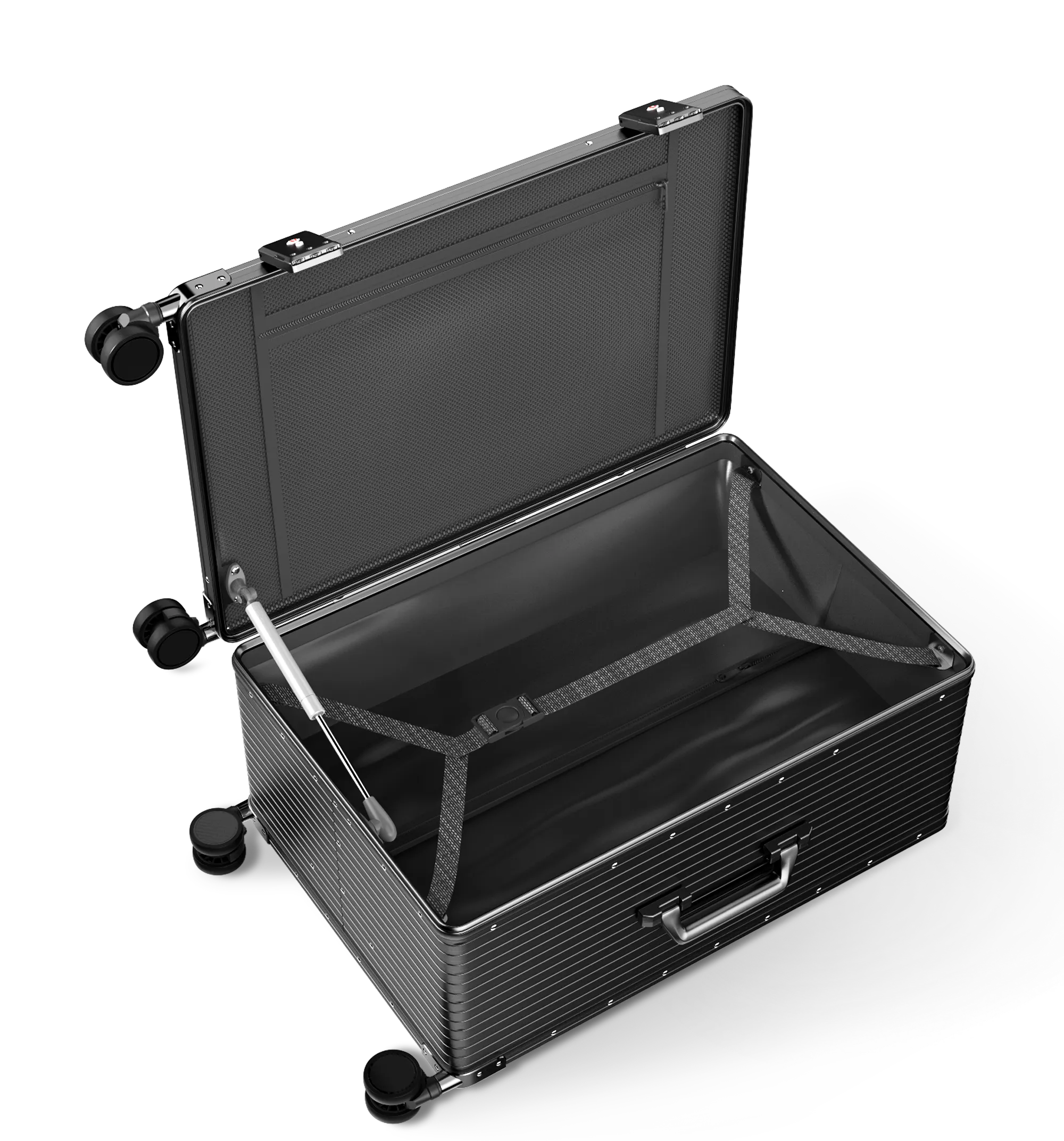 Open Plus Hexter aluminium luggage revealing interior straps and storage, with focus on spacious design and secure compartments for Singapore travel.