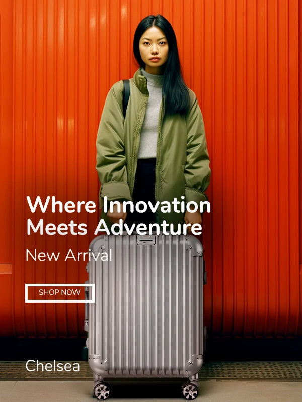 A young woman with long black hair stands in front of a red corrugated wall, holding onto a large silver suitcase. She wears a green bomber jacket over a grey turtleneck. The text overlay reads 'Where Innovation Meets Adventure - New Arrival', with a 'SHOP NOW' button beneath, indicating a fashion or travel-related advertisement.